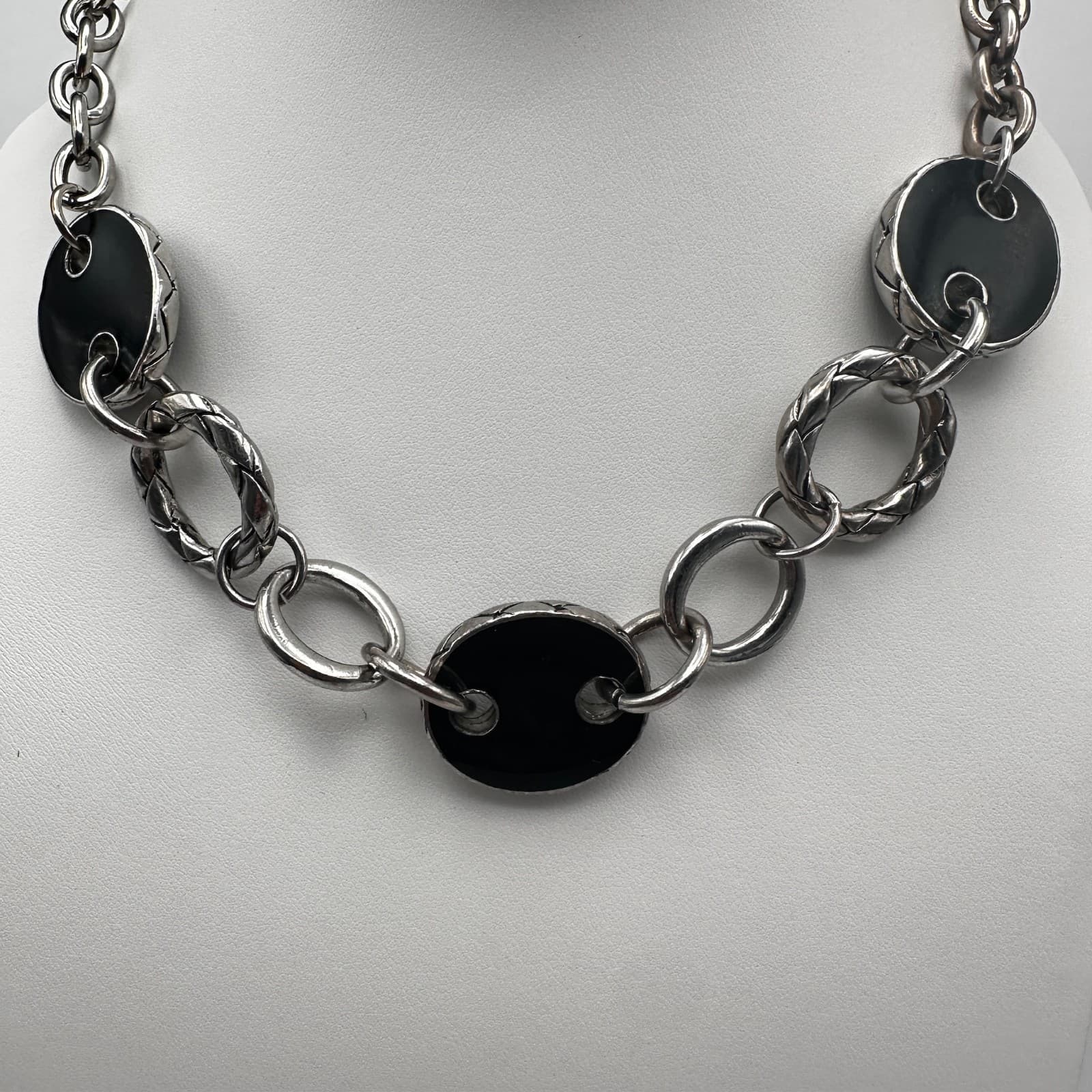 Vintage 90s Chunky Link Necklace Black Oval Inlay Silver Tone Women's Jewelry - Thumbnail 7