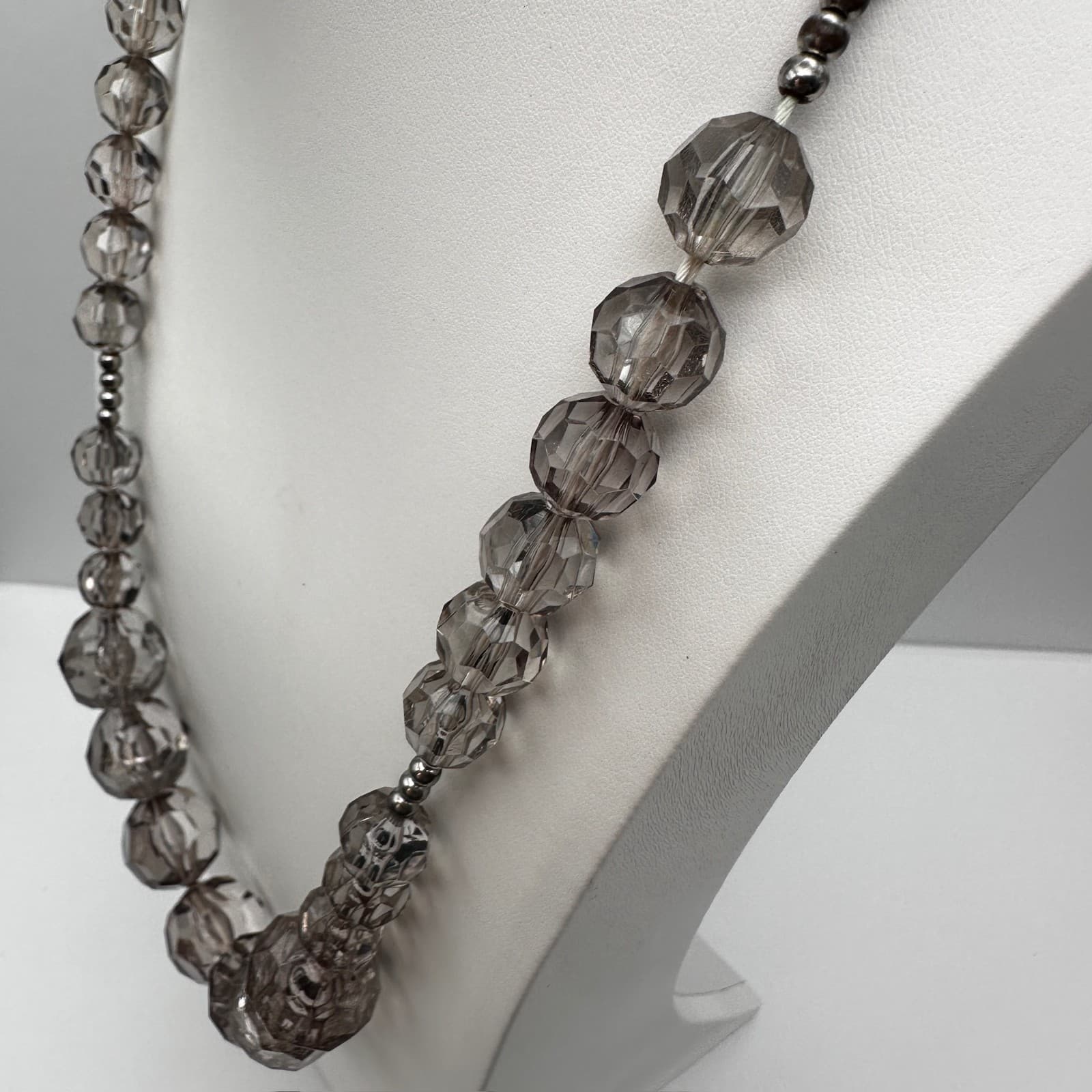 Vintage 90s Smokey Gray Glass Bead Necklace Silver Tone Statement Jewelry - Thumbnail 10