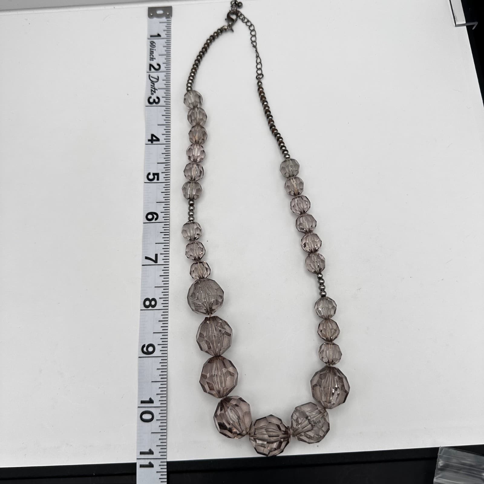 Vintage 90s Smokey Gray Glass Bead Necklace Silver Tone Statement Jewelry - Thumbnail 11