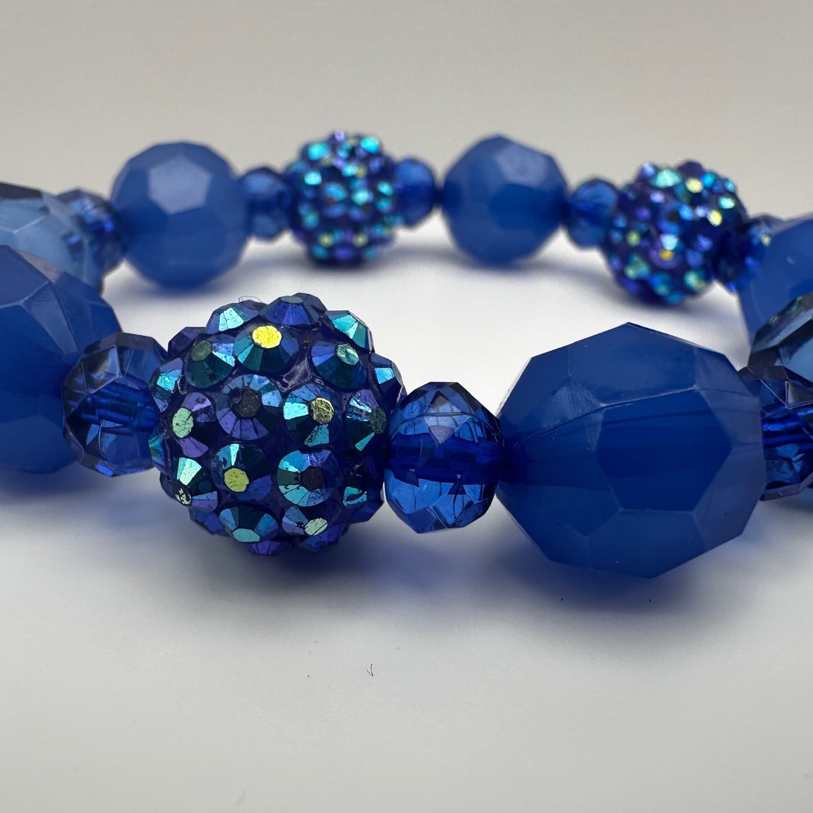 VTG 90s Blue Crystal Chunky Bead Bracelet Disco Ball Sparkly Women's Jewelry - Thumbnail 9