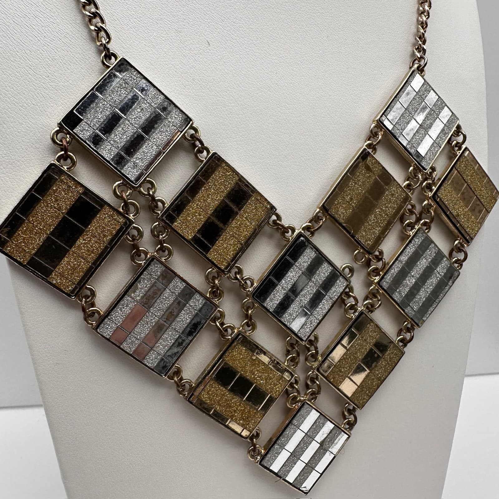 Vintage 90s Geometric Bib Necklace Gold Silver Tone Glitter Link Chain Jewelry - Thumbnail 3