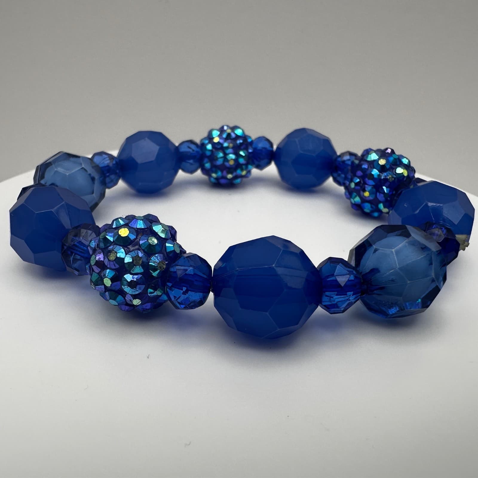 VTG 90s Blue Crystal Chunky Bead Bracelet Disco Ball Sparkly Women's Jewelry - Thumbnail 8
