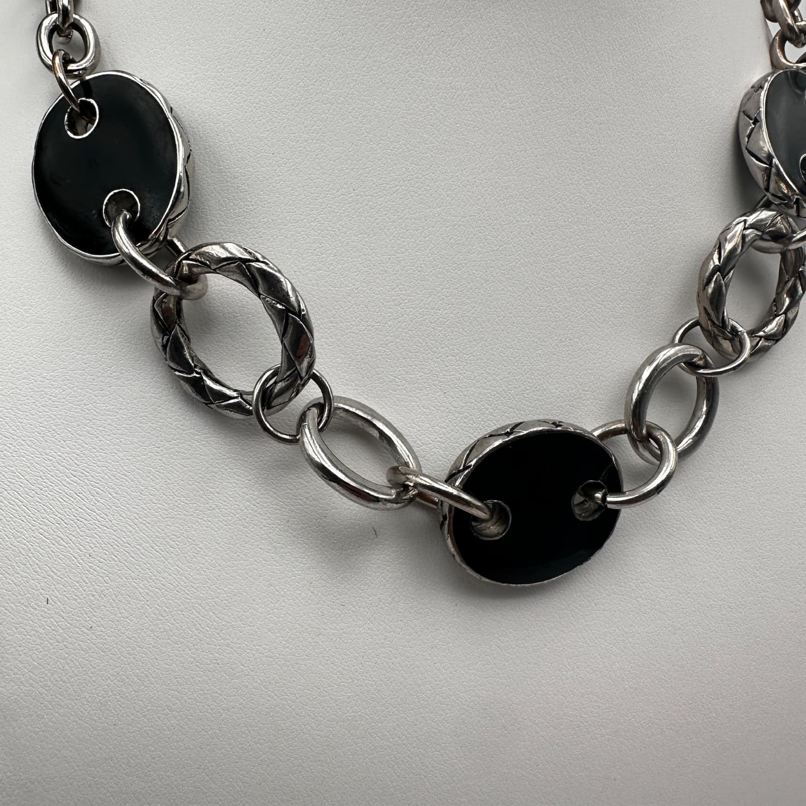 Vintage 90s Chunky Link Necklace Black Oval Inlay Silver Tone Women's Jewelry - Thumbnail 3