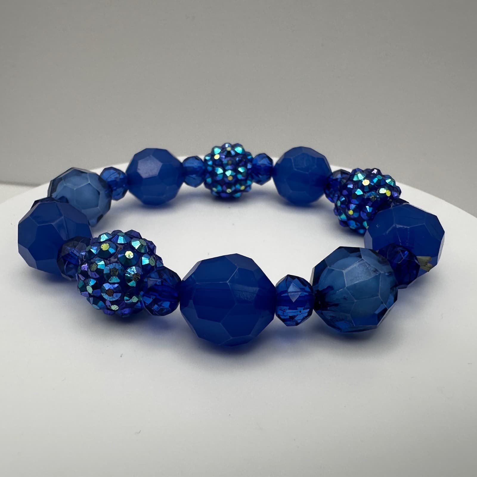 VTG 90s Blue Crystal Chunky Bead Bracelet Disco Ball Sparkly Women's Jewelry - Thumbnail 4