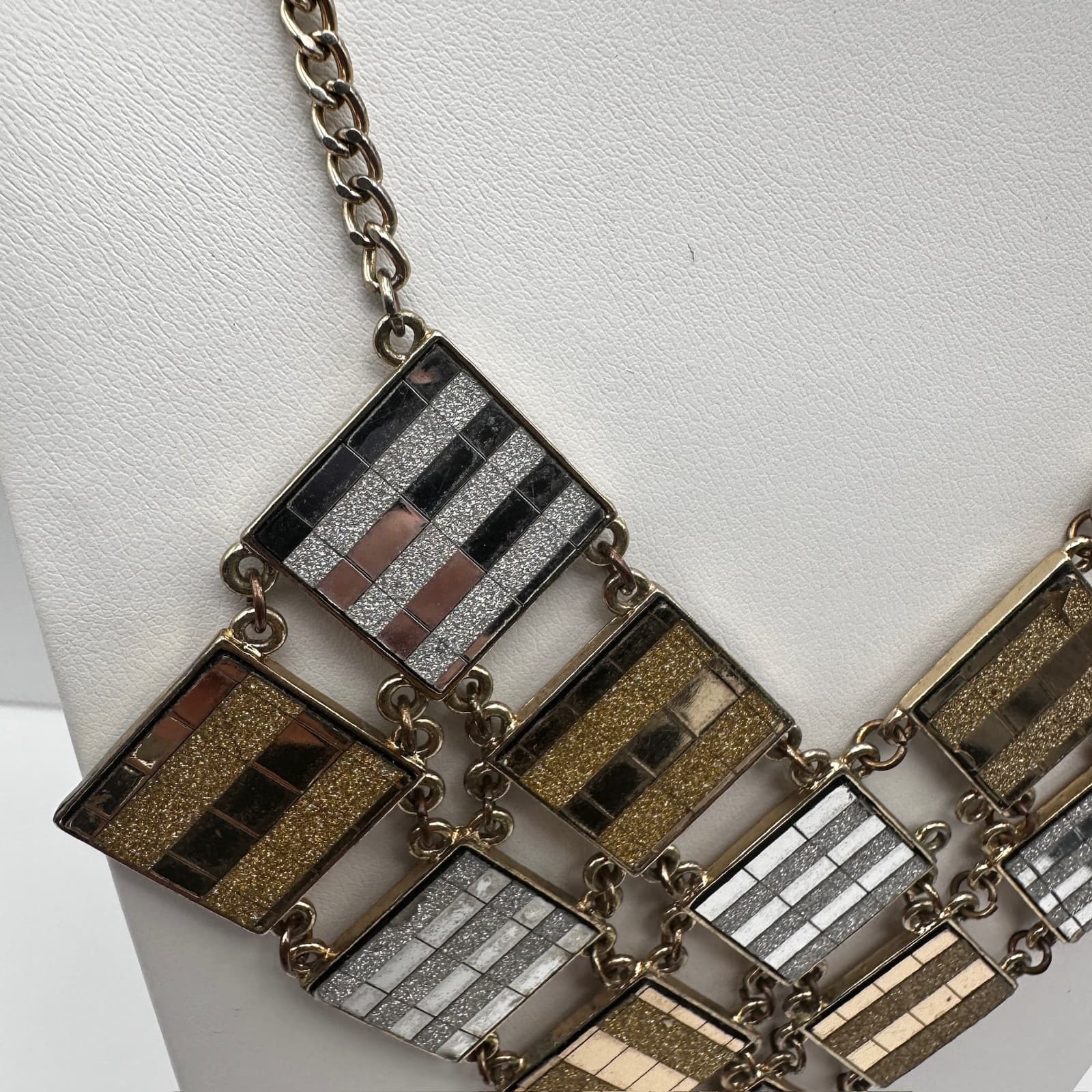 Vintage 90s Geometric Bib Necklace Gold Silver Tone Glitter Link Chain Jewelry - Thumbnail 5