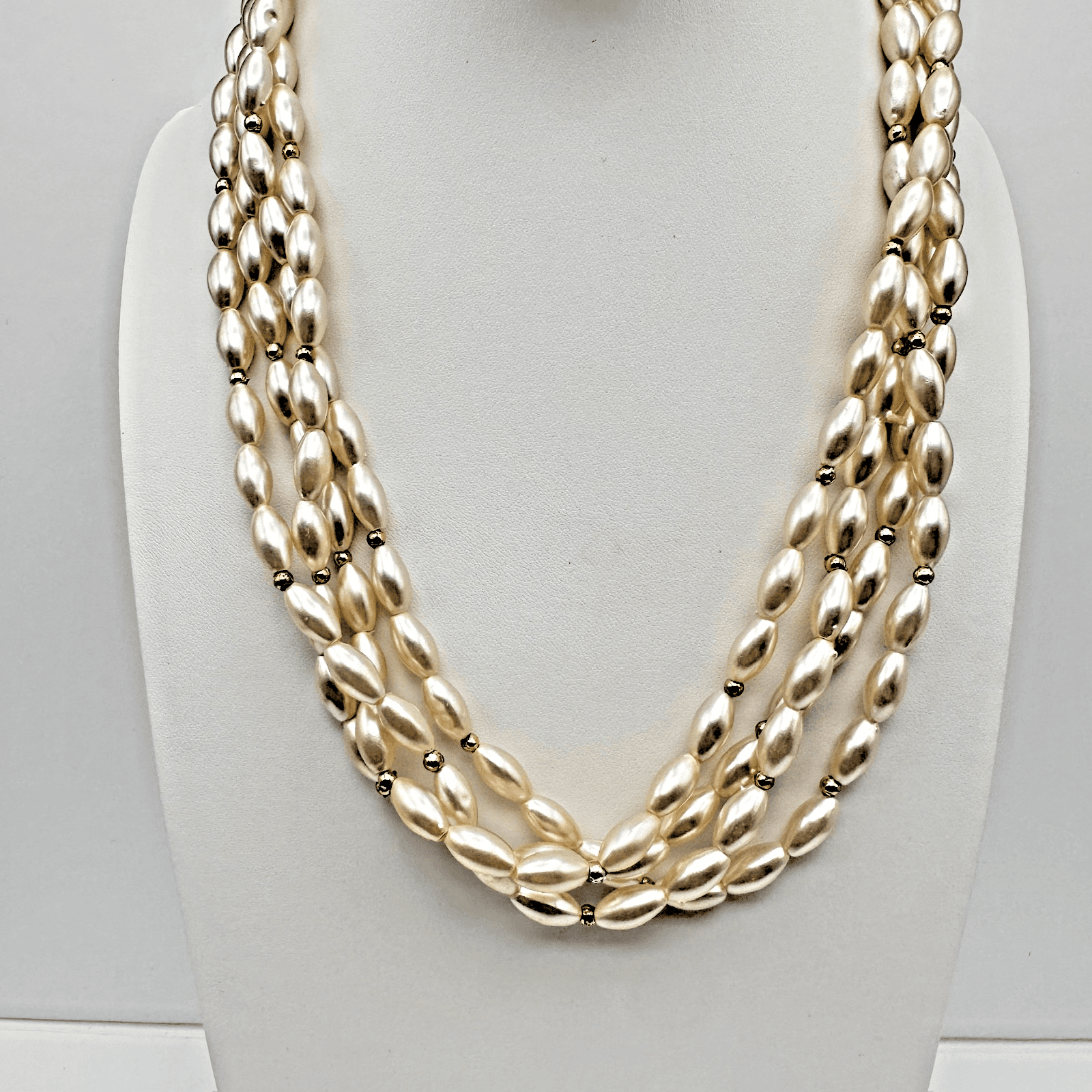 Vintage 80s Cream Faux Pearl Multi Strand Necklace Gold Tone Women's Jewelry - Image 1