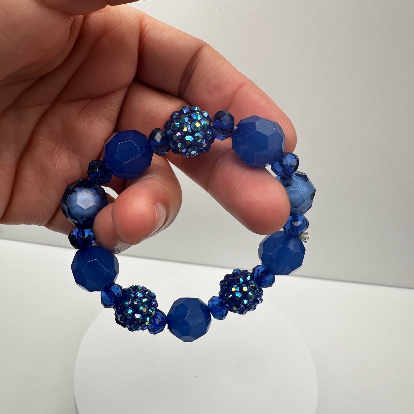 VTG 90s Blue Crystal Chunky Bead Bracelet Disco Ball Sparkly Women's Jewelry - Thumbnail 7