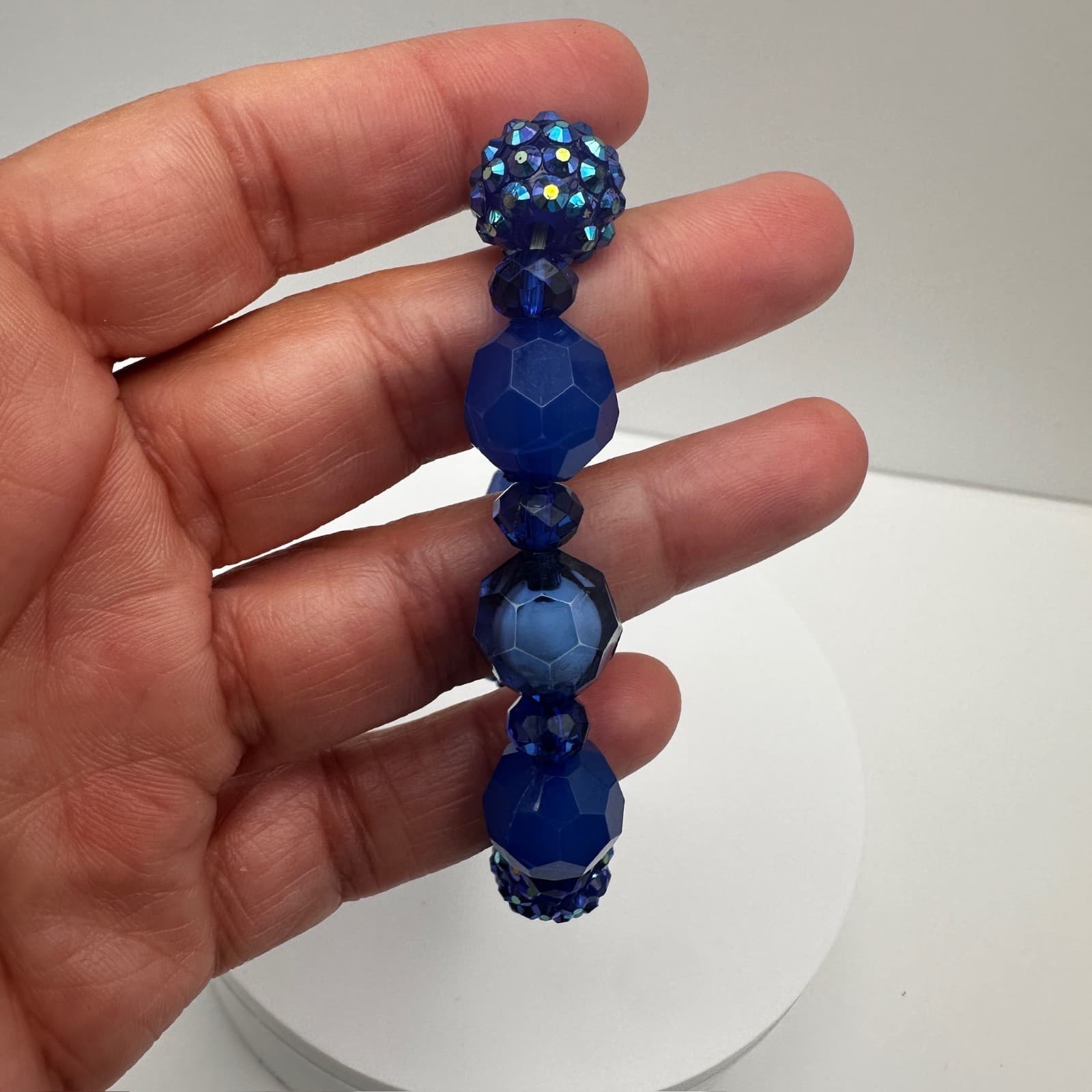 VTG 90s Blue Crystal Chunky Bead Bracelet Disco Ball Sparkly Women's Jewelry - Thumbnail 6