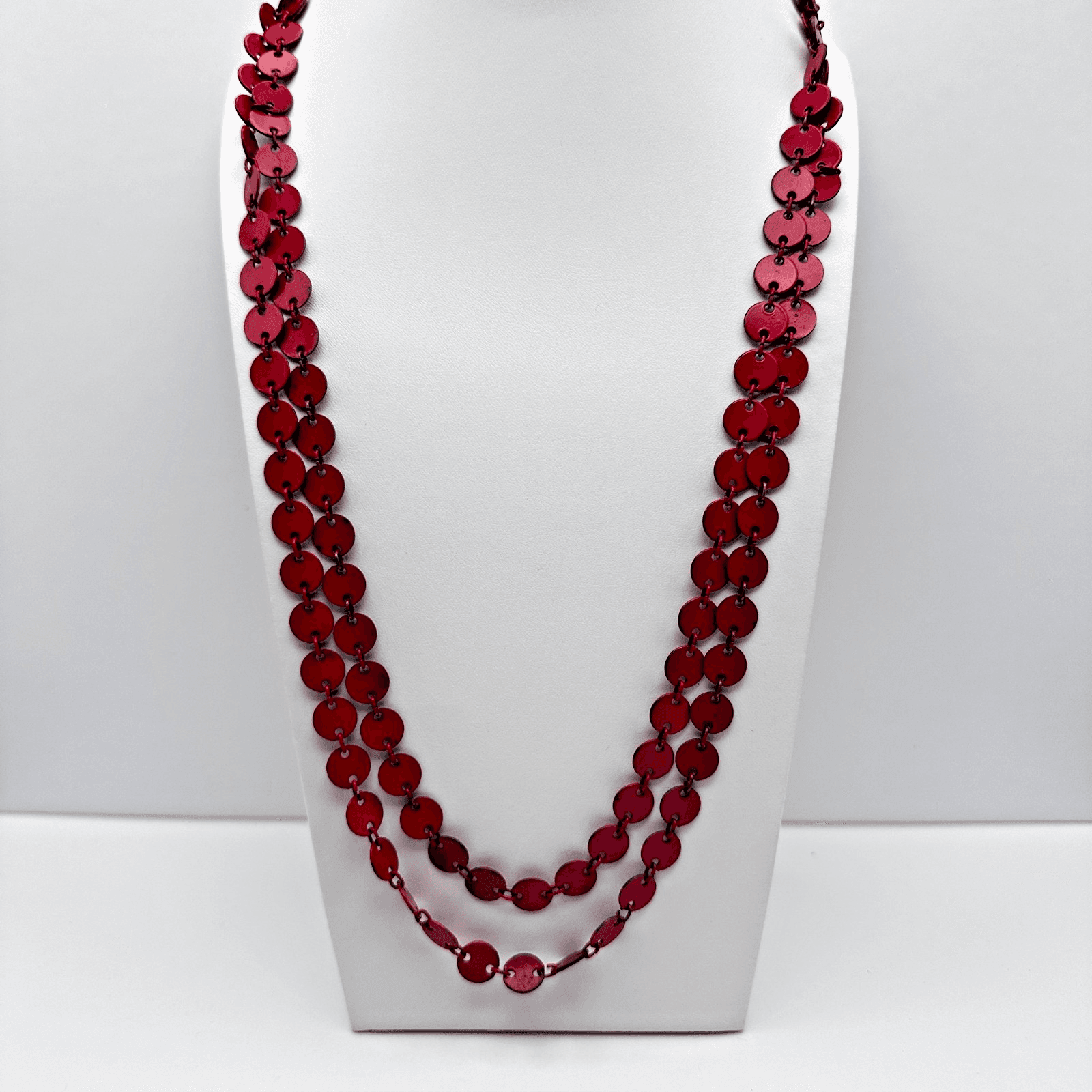 Vintage 90s Red Enamel Disc Long Chain Necklace Bronze Tone Women's Jewelry - Image 1