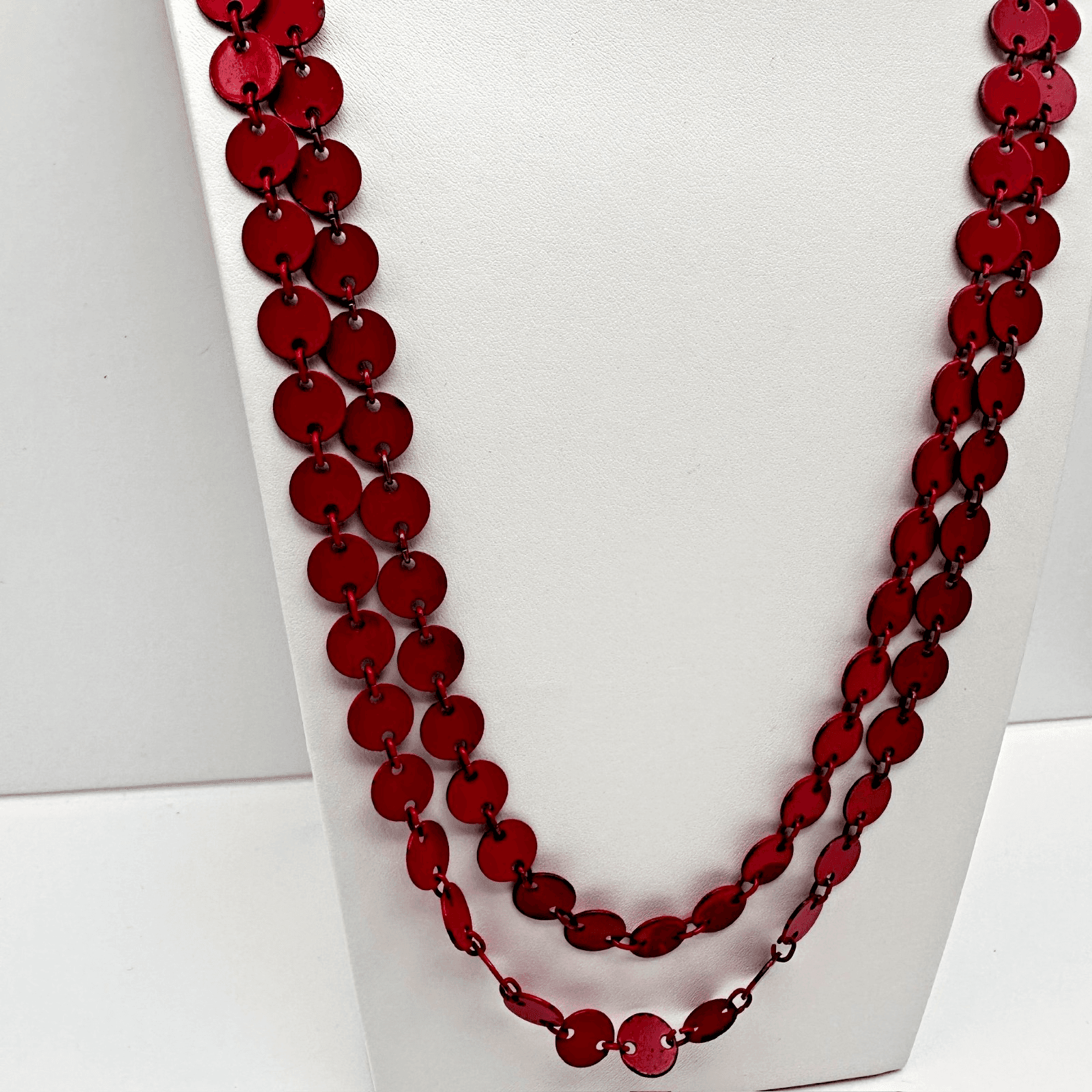 Vintage 90s Red Enamel Disc Long Chain Necklace Bronze Tone Women's Jewelry - Thumbnail 2