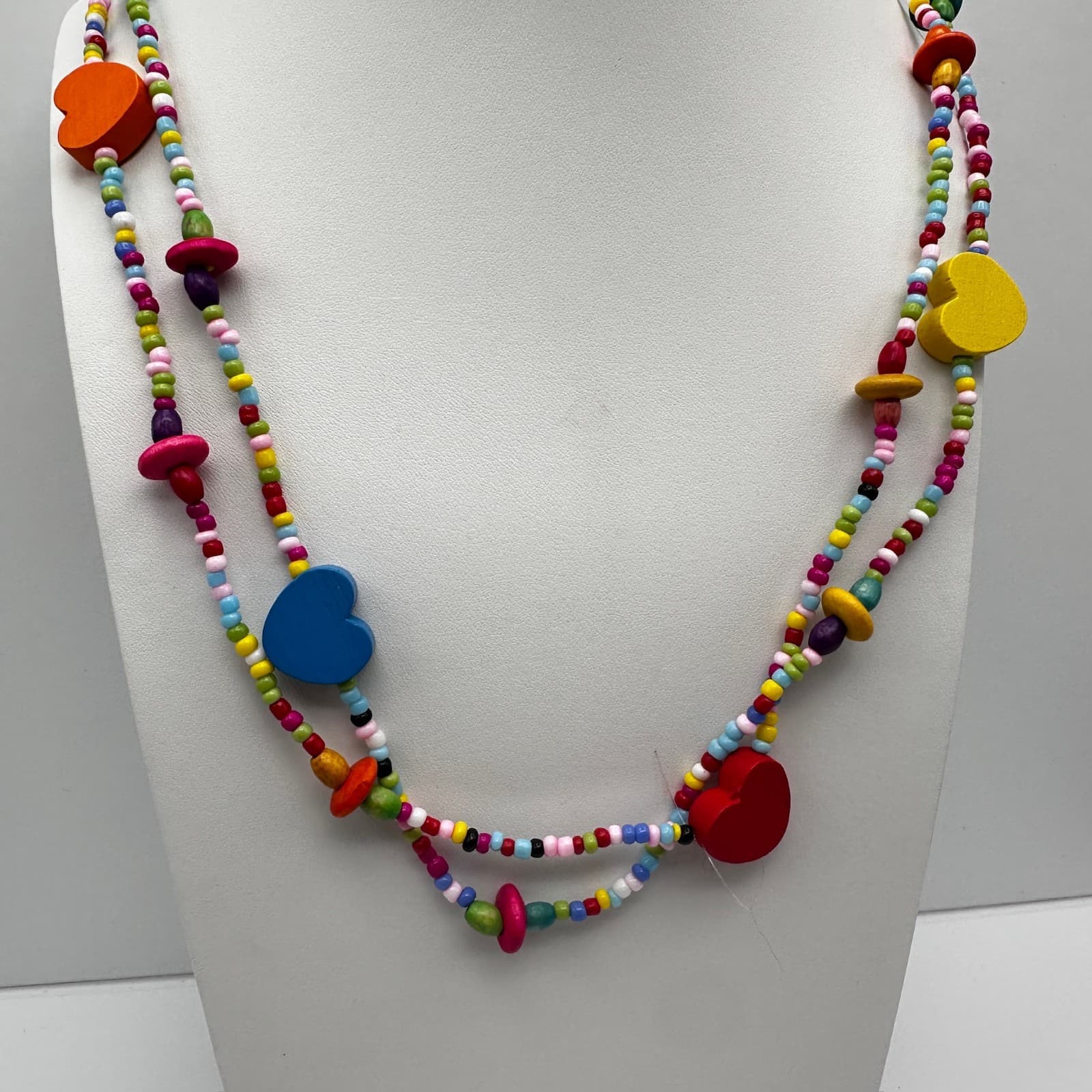 Vintage 90s Multi Color Wood Heart Beaded Necklace Rainbow Boho Long Layering - Thumbnail 2