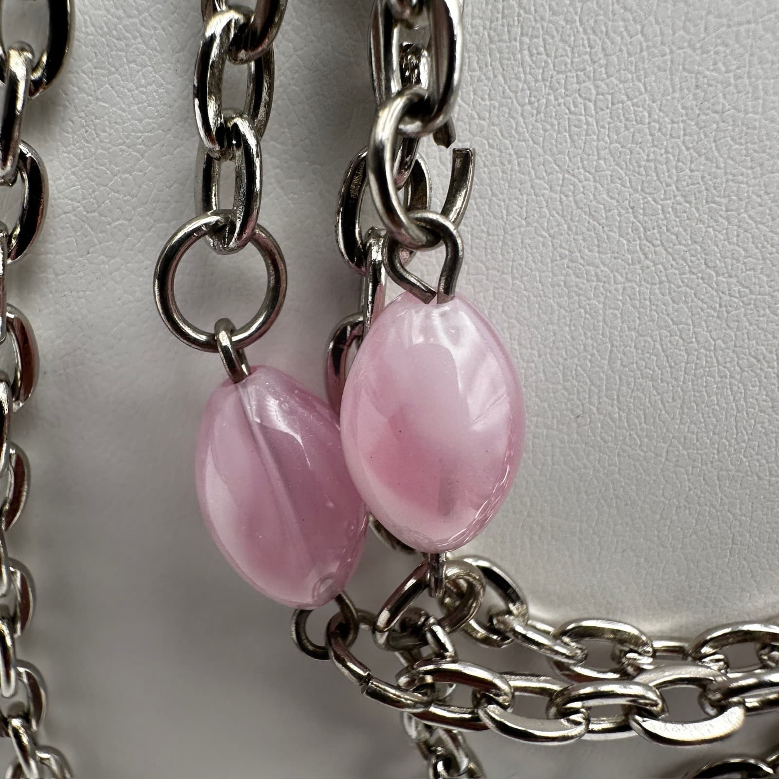 Vintage Y2K 4-Layered Chain Necklace Pink & Blue Acrylic Beads Silver Tone - Thumbnail 6