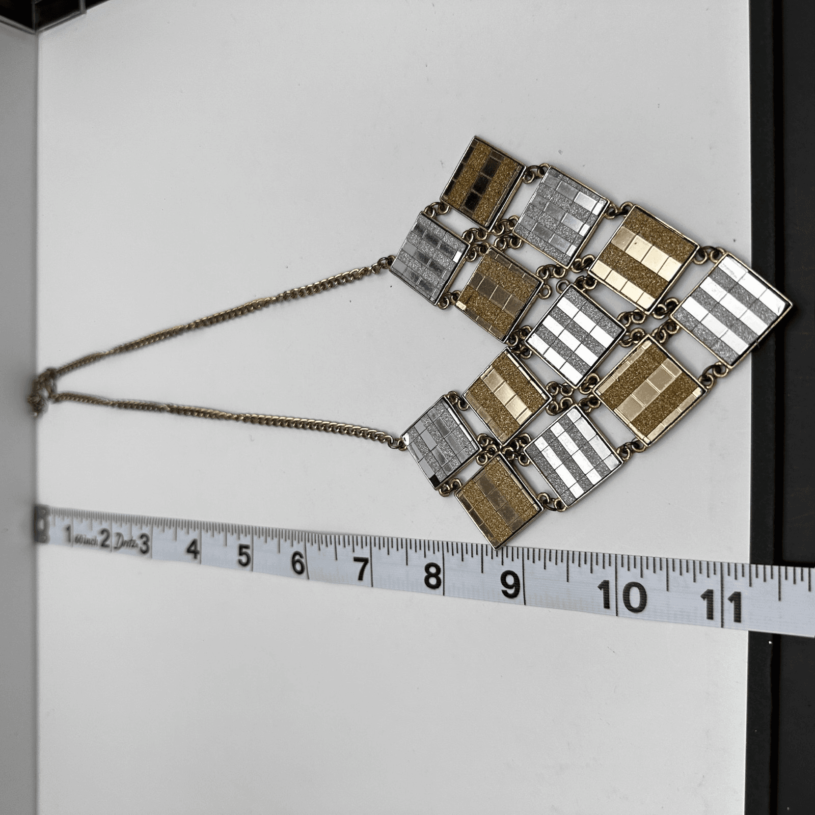 Vintage 90s Geometric Bib Necklace Gold Silver Tone Glitter Link Chain Jewelry - Thumbnail 11