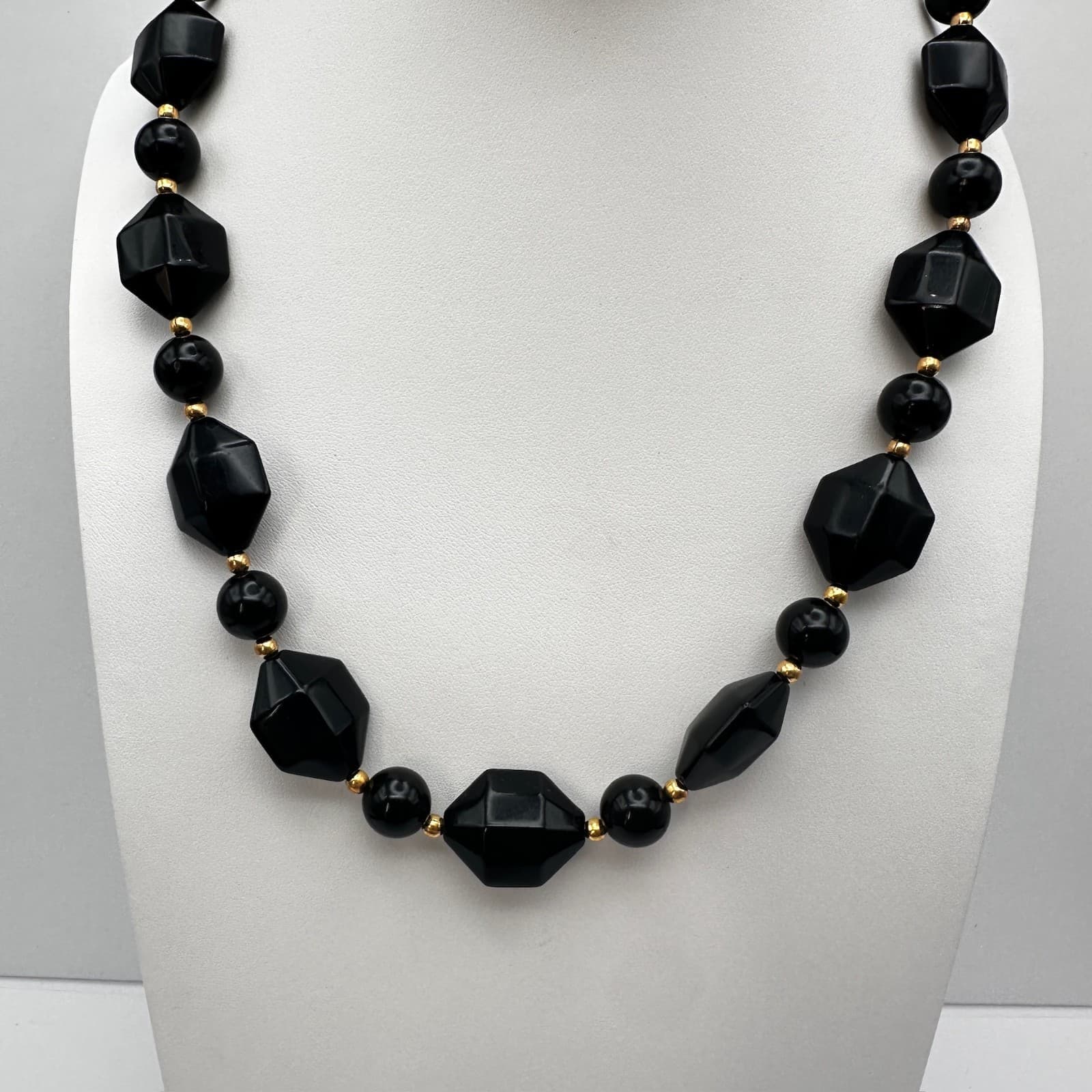 Vintage 80s Black Bead Necklace Set Multi-Strand Geometric Women's Jewelry - Thumbnail 2