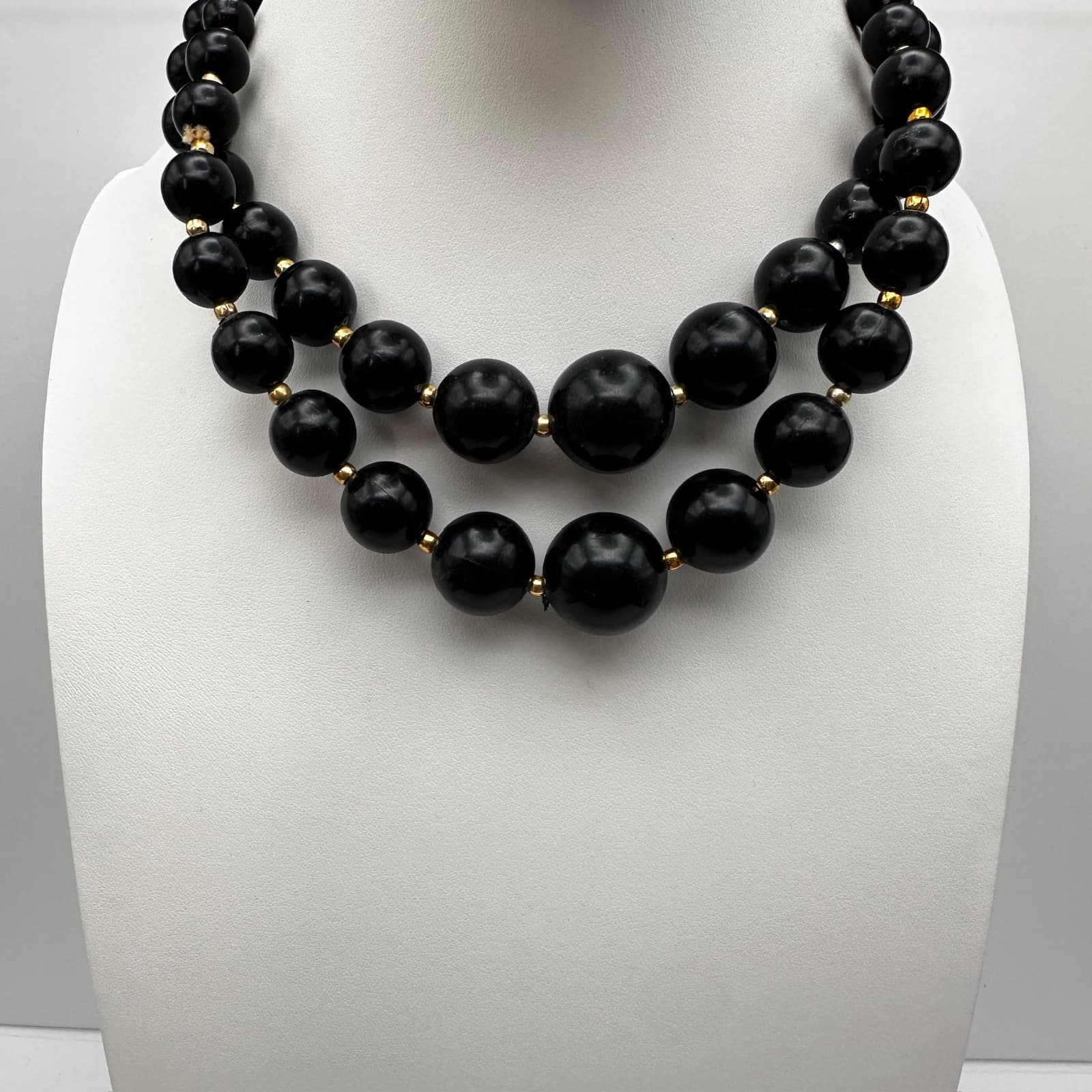 Vintage 80s Black Bead Necklace Set Multi-Strand Geometric Women's Jewelry - Image 1
