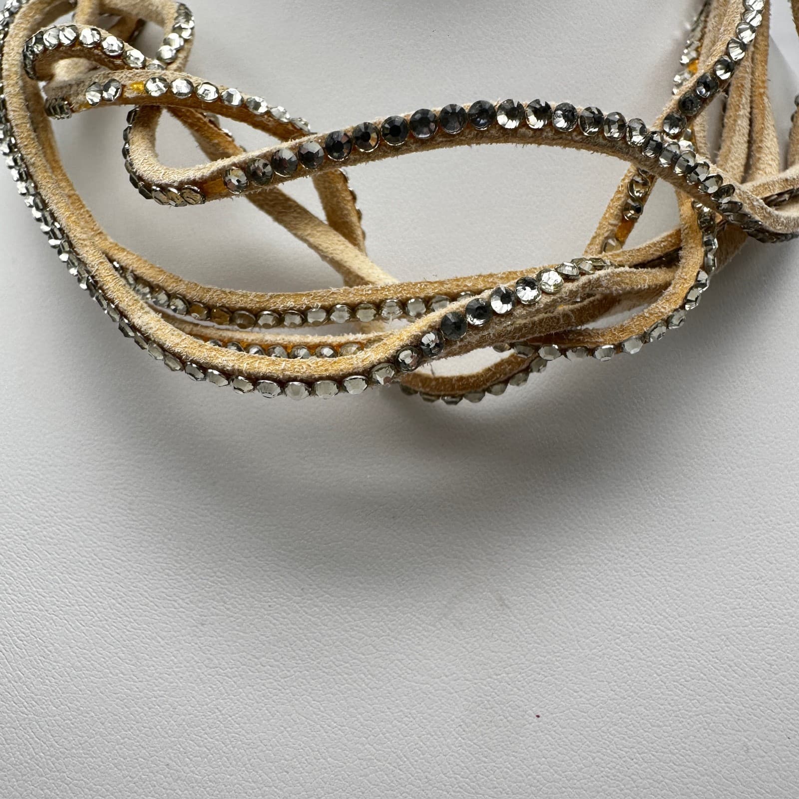 Vintage 90s Tan Suede Leather Multi-Strand Rhinestone Choker Necklace Women's - Thumbnail 2