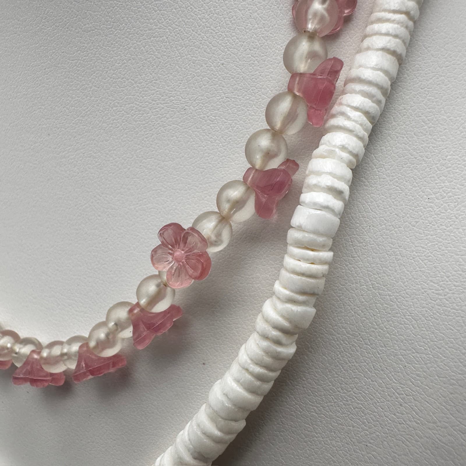 Vintage 90s Pink Floral White Beaded Necklace Set Silver Tone Women's Jewelry - Thumbnail 4