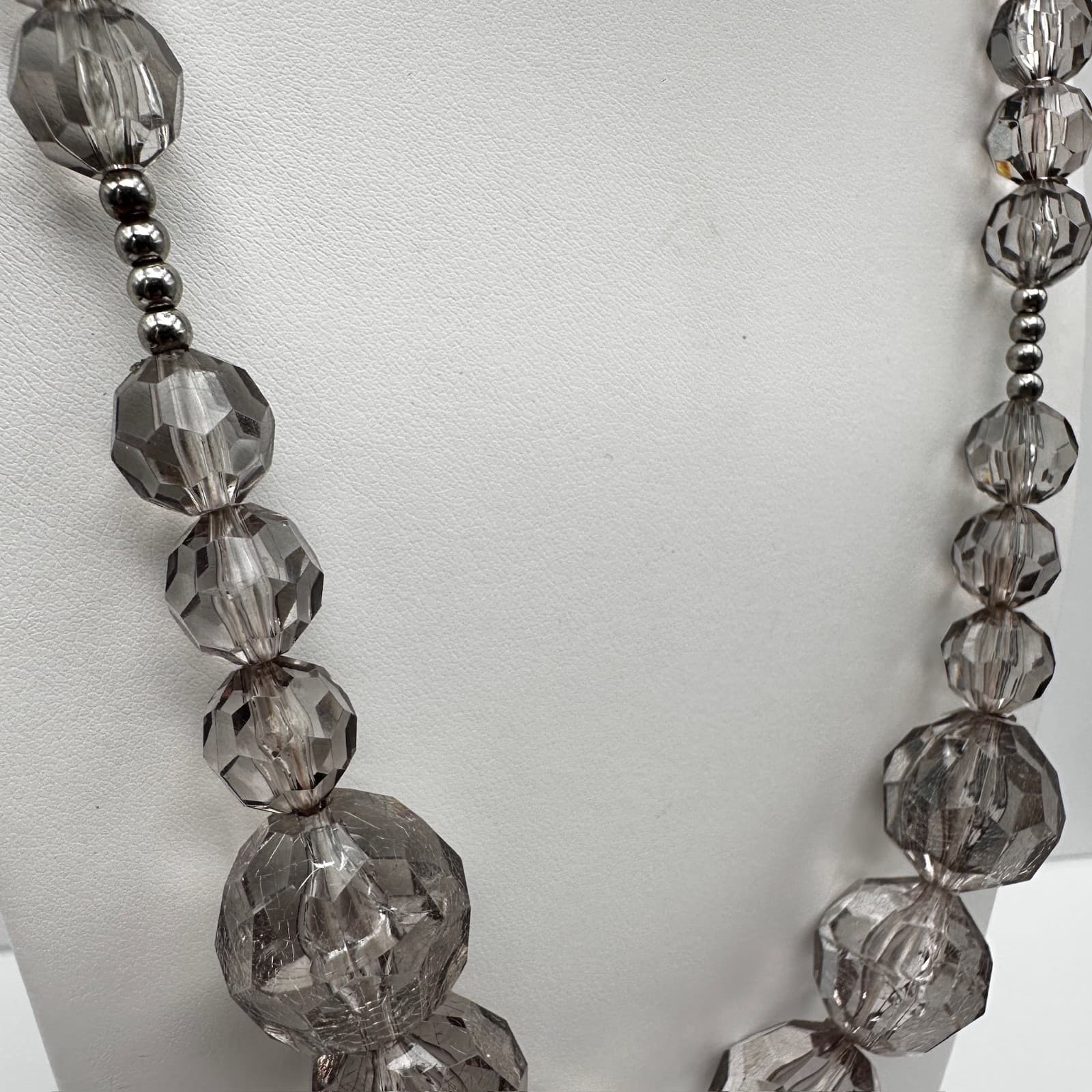 Vintage 90s Smokey Gray Glass Bead Necklace Silver Tone Statement Jewelry - Thumbnail 4