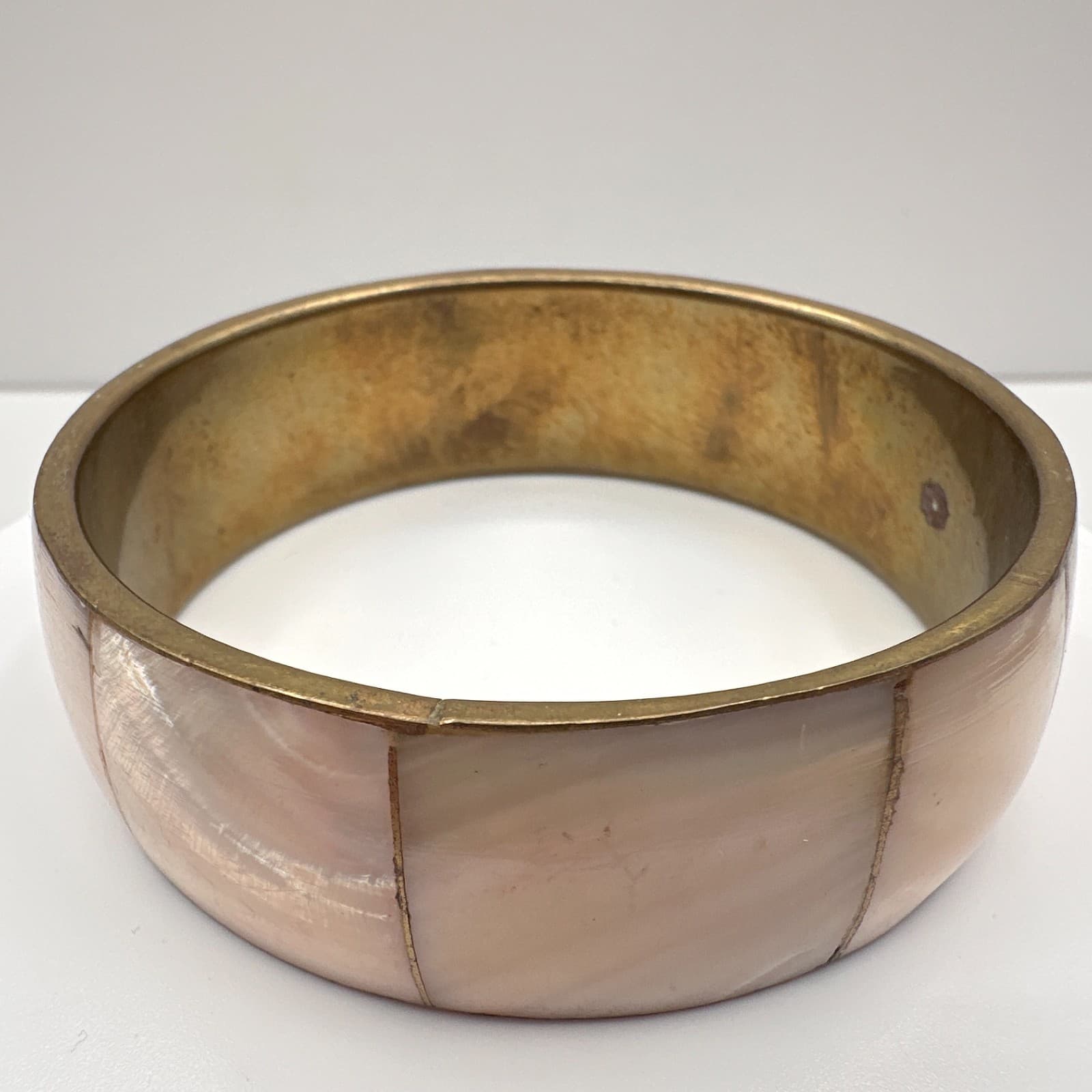 Vintage 90s Mother of Pearl Inlay Bracelet Brass Gold Tone Iridescent Boho - Image 1