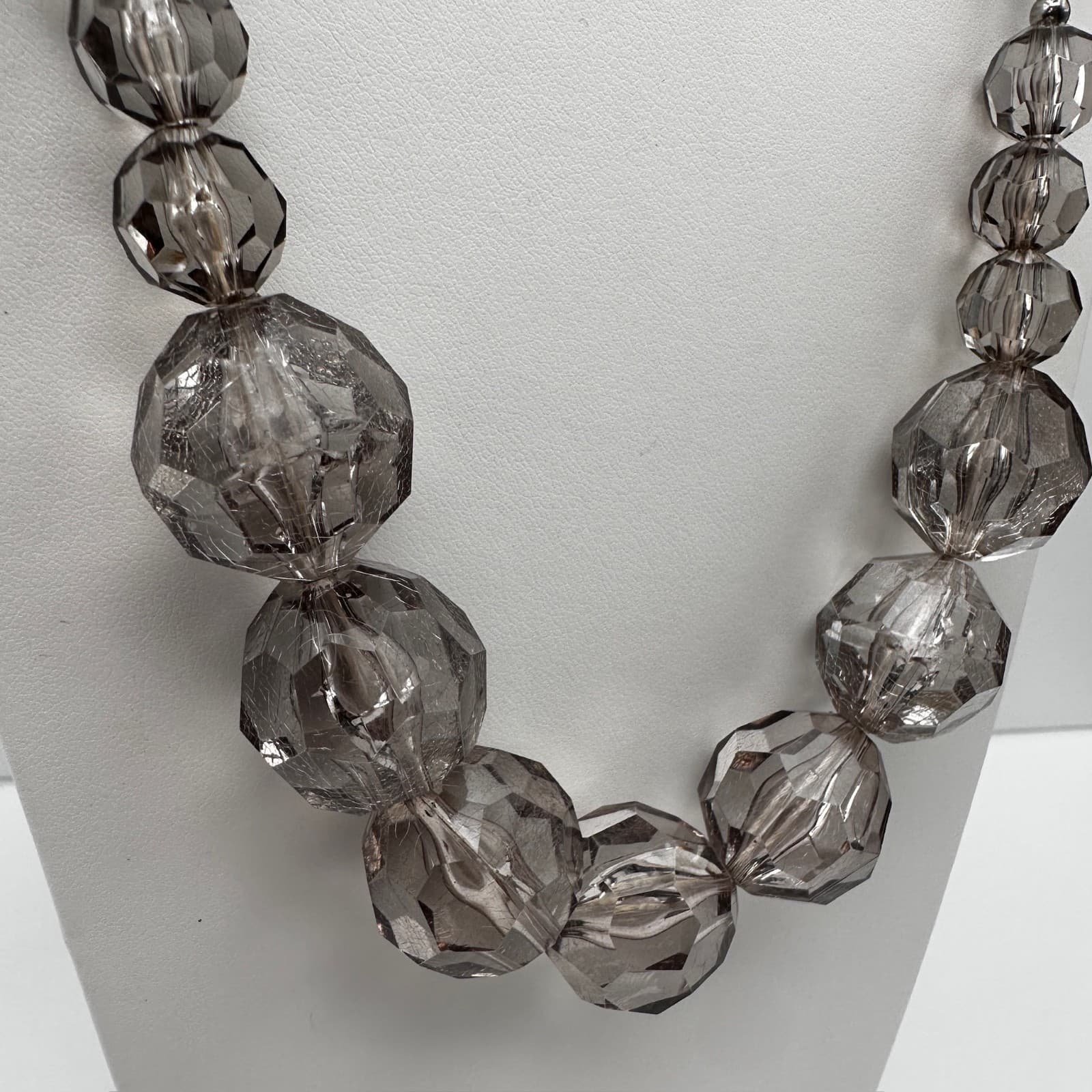 Vintage 90s Smokey Gray Glass Bead Necklace Silver Tone Statement Jewelry - Thumbnail 3