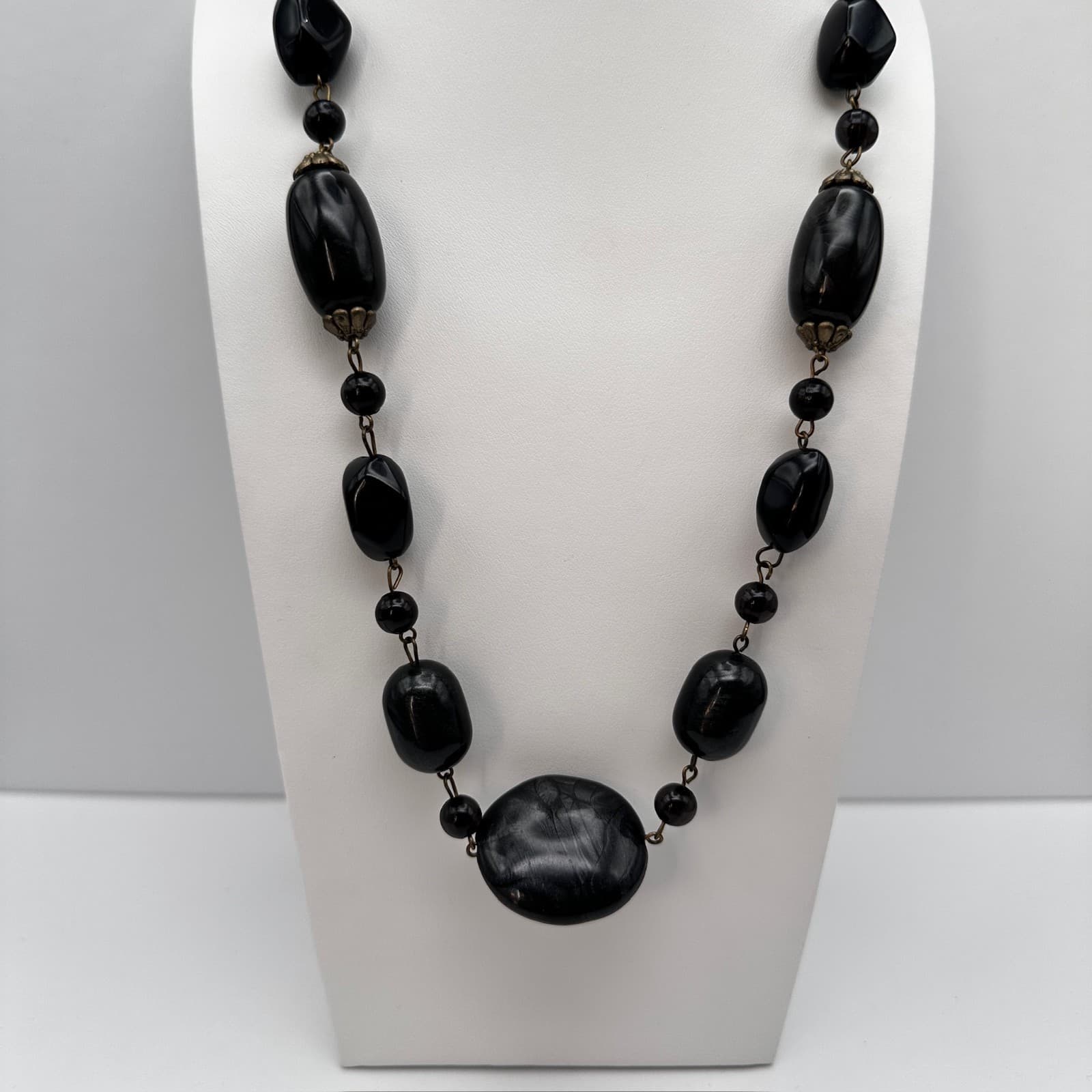 Vintage 80s Black Bead Necklace Set Multi-Strand Geometric Women's Jewelry - Thumbnail 10