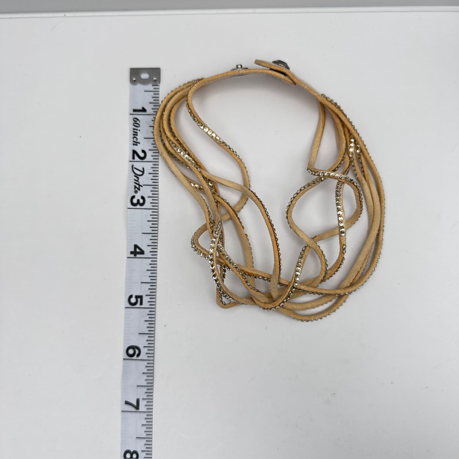 Vintage 90s Tan Suede Leather Multi-Strand Rhinestone Choker Necklace Women's - Thumbnail 9