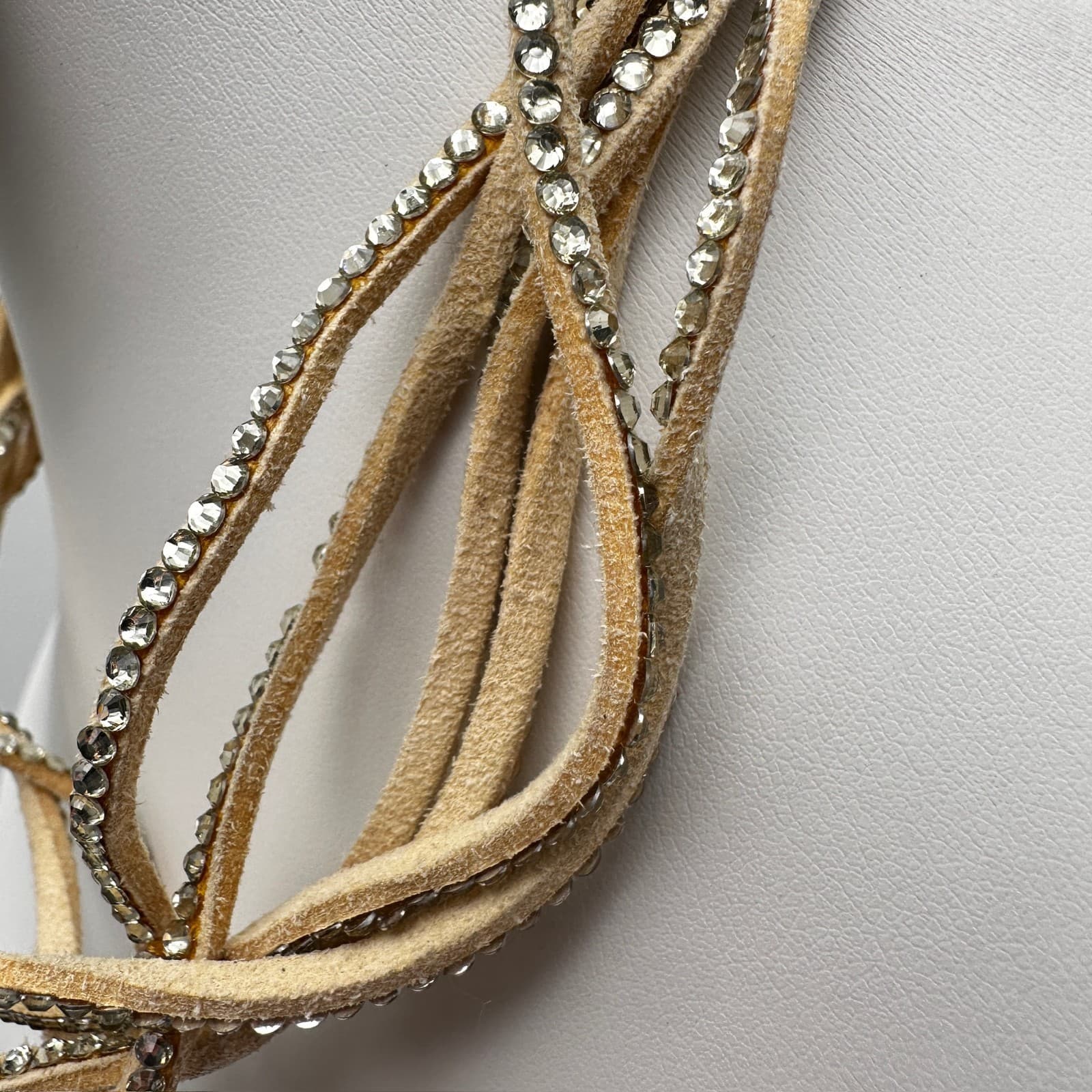 Vintage 90s Tan Suede Leather Multi-Strand Rhinestone Choker Necklace Women's - Thumbnail 6
