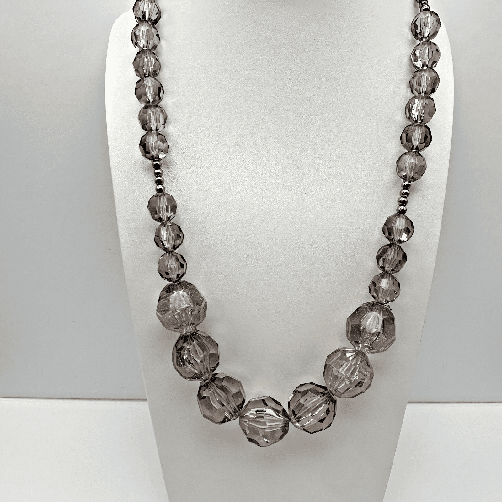 Vintage 90s Smokey Gray Glass Bead Necklace Silver Tone Statement Jewelry - Image 1