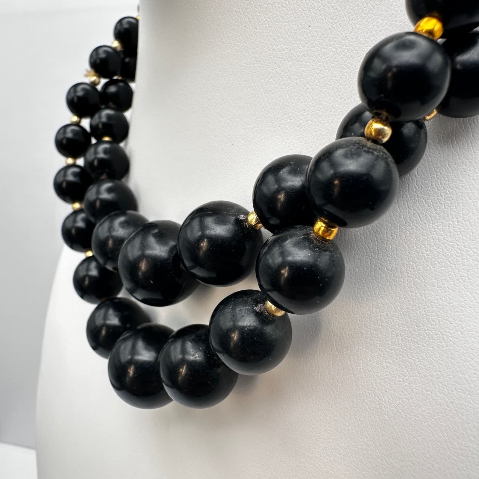 Vintage 80s Black Bead Necklace Set Multi-Strand Geometric Women's Jewelry - Thumbnail 6