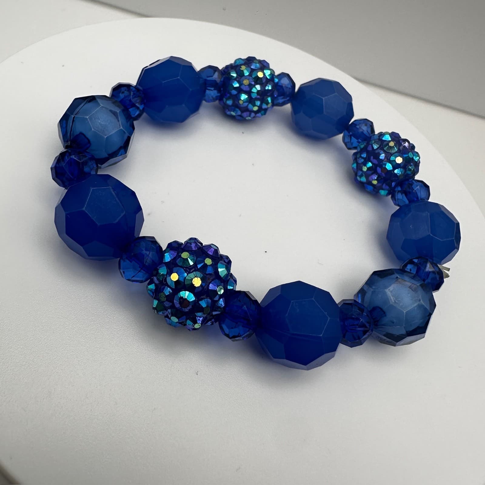 VTG 90s Blue Crystal Chunky Bead Bracelet Disco Ball Sparkly Women's Jewelry - Thumbnail 3