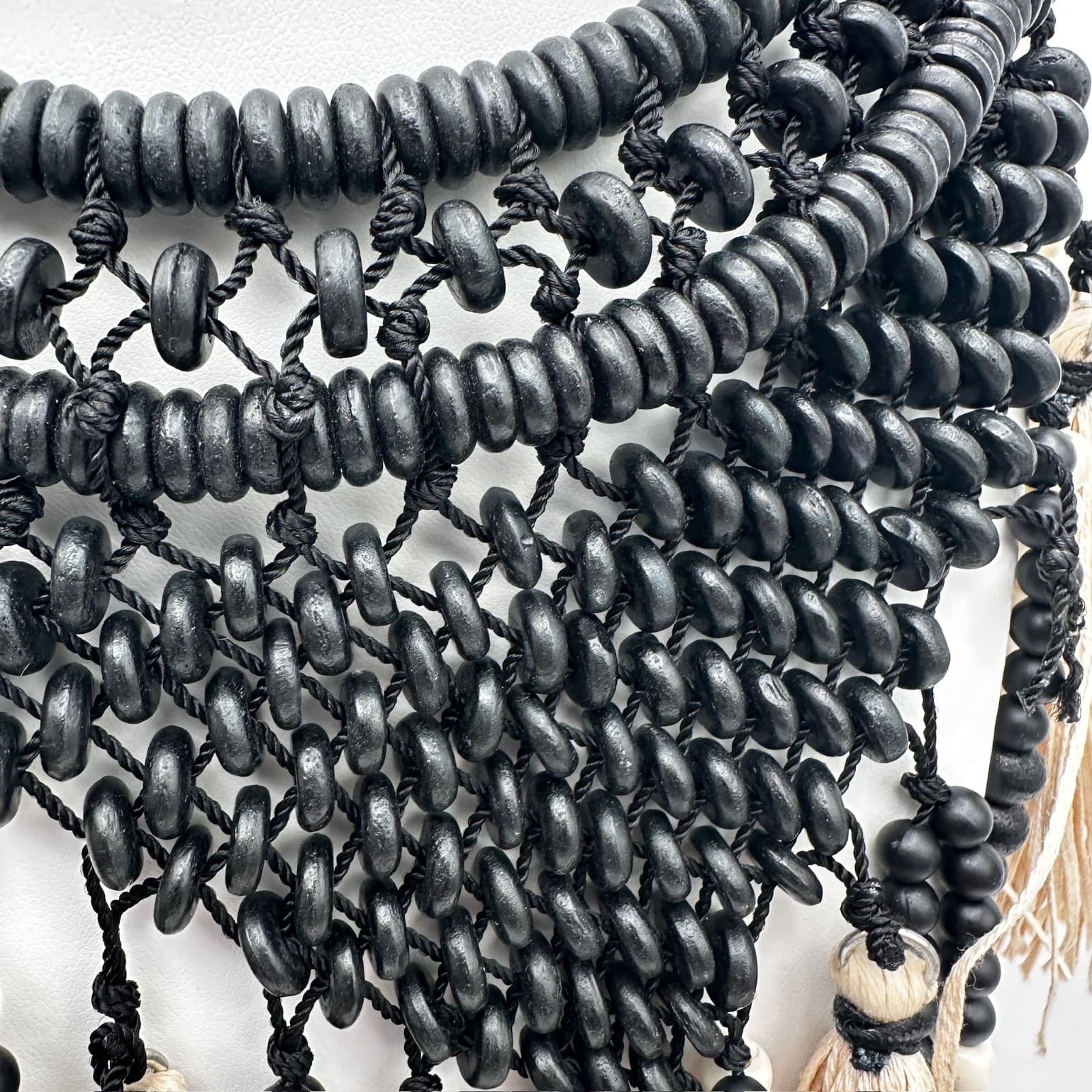 Vintage Chico's 90s Boho Bib Necklace Black Beads Beige Raffia Tassels Jewelry - Thumbnail 4