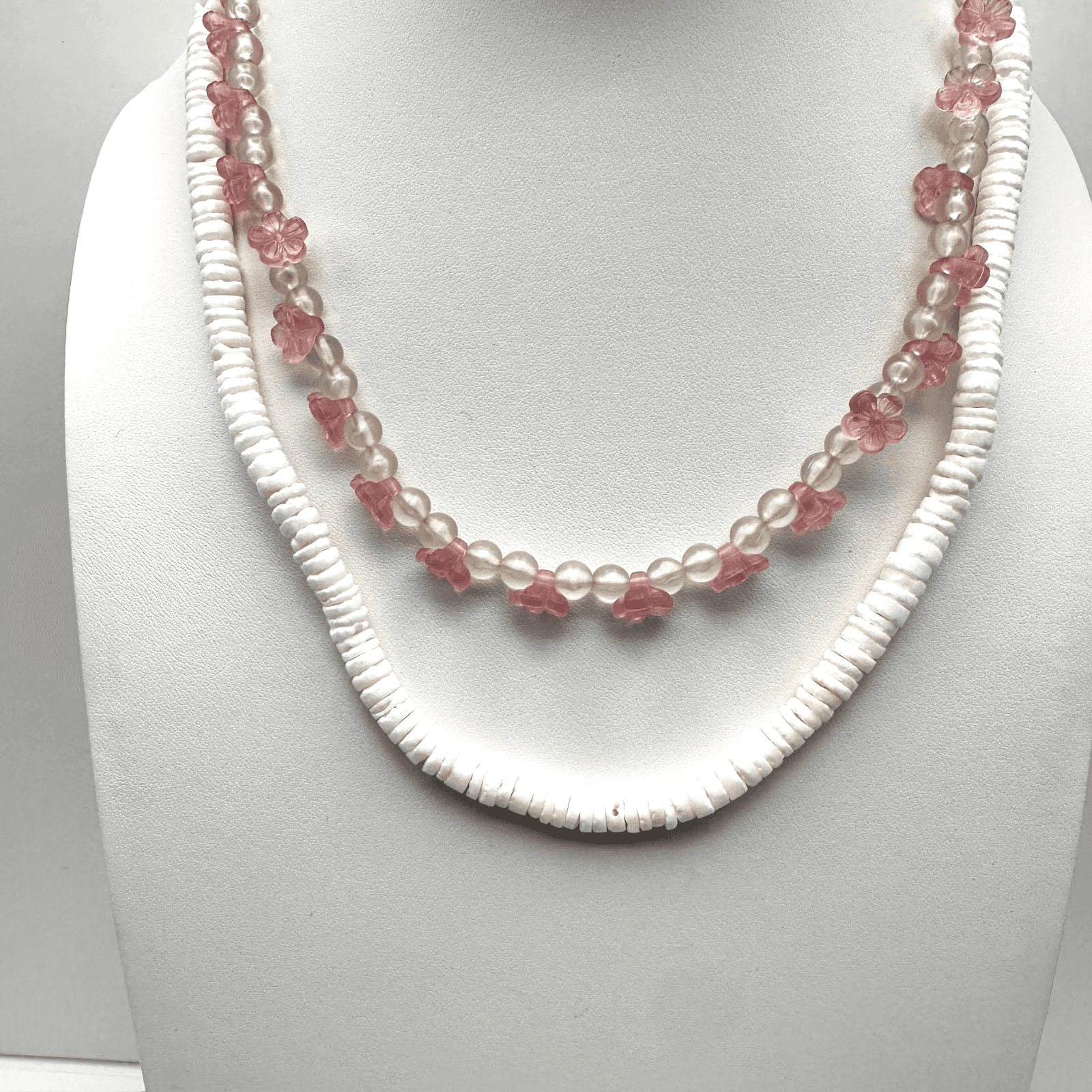 Vintage 90s Pink Floral White Beaded Necklace Set Silver Tone Women's Jewelry - Image 1