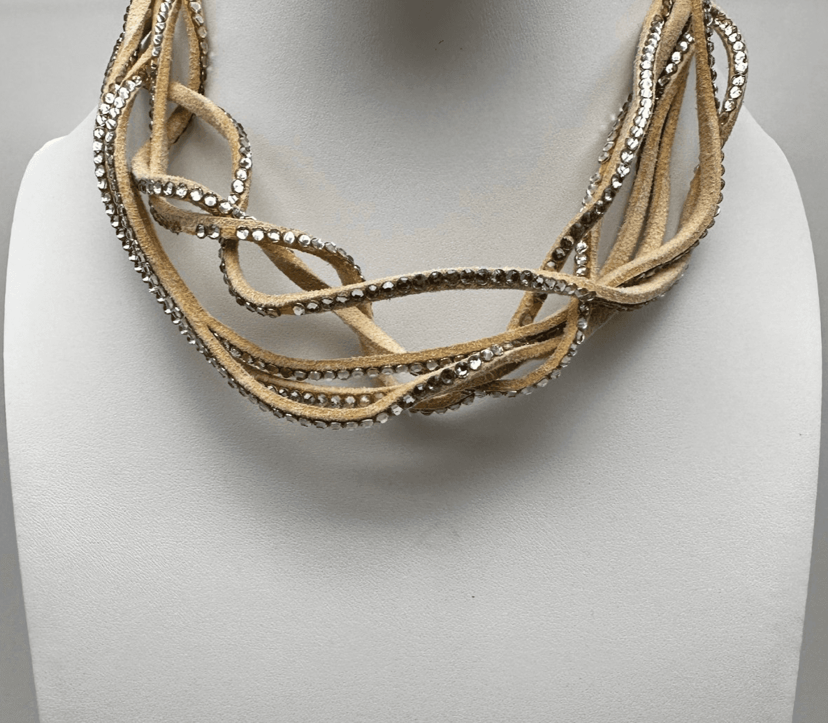 Vintage 90s Tan Suede Leather Multi-Strand Rhinestone Choker Necklace Women's - Image 1