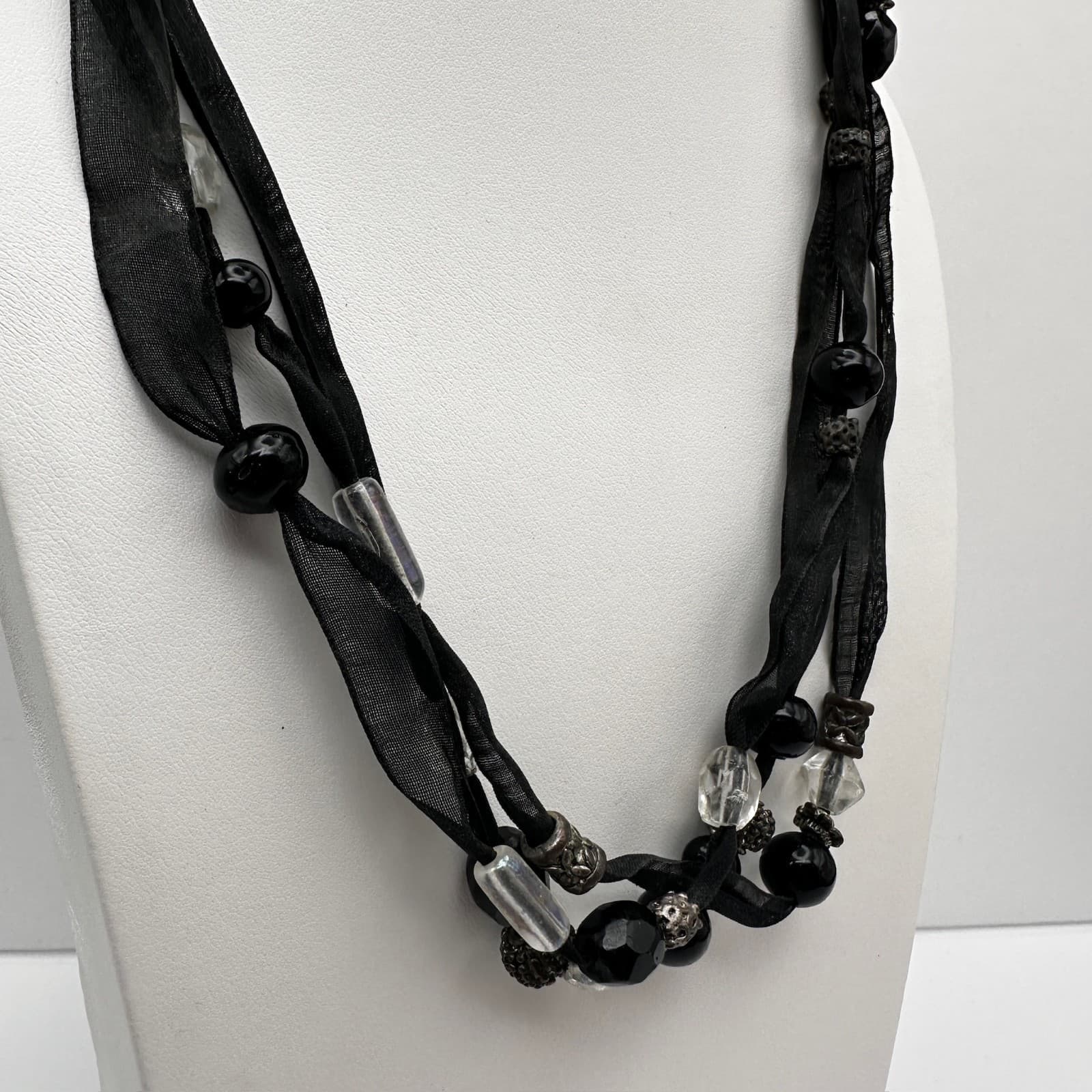 Vintage 90s Multi-Strand Black Ribbon Necklace Glass Beads Metal Womens Jewelry - Thumbnail 3