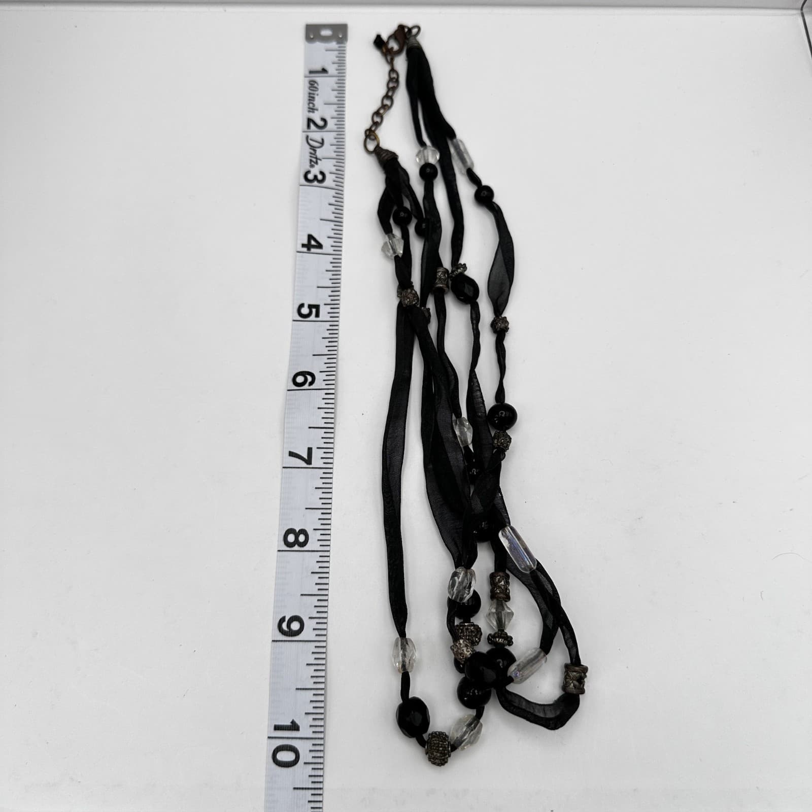 Vintage 90s Multi-Strand Black Ribbon Necklace Glass Beads Metal Womens Jewelry - Thumbnail 14