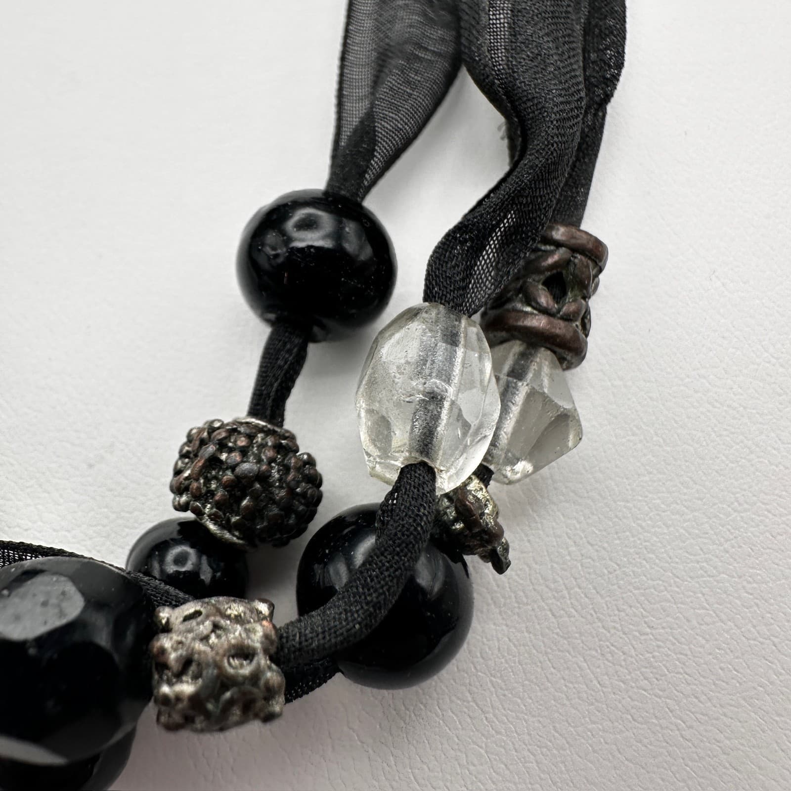 Vintage 90s Multi-Strand Black Ribbon Necklace Glass Beads Metal Womens Jewelry - Thumbnail 12