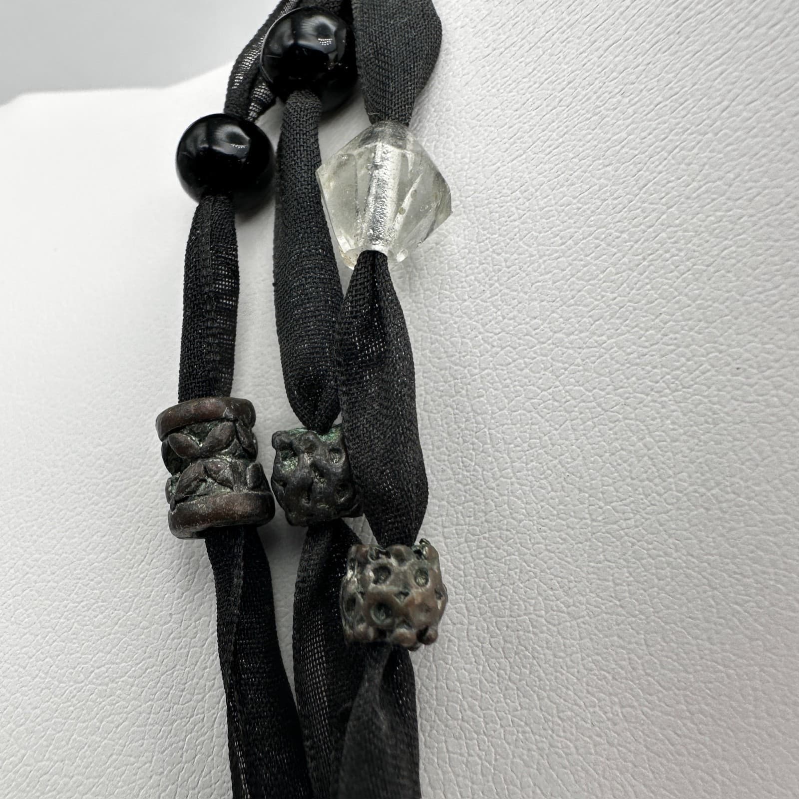 Vintage 90s Multi-Strand Black Ribbon Necklace Glass Beads Metal Womens Jewelry - Thumbnail 7
