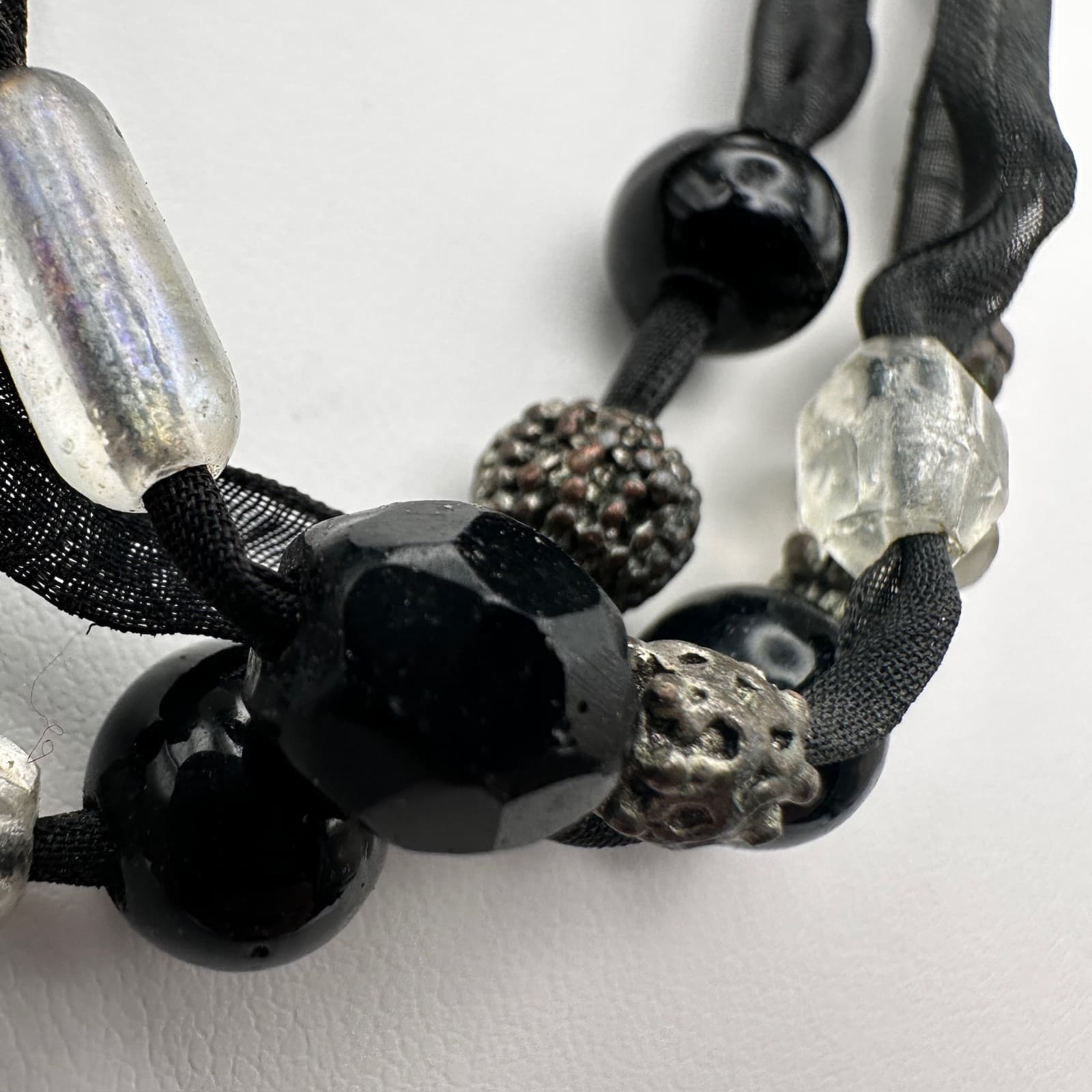 Vintage 90s Multi-Strand Black Ribbon Necklace Glass Beads Metal Womens Jewelry - Thumbnail 10