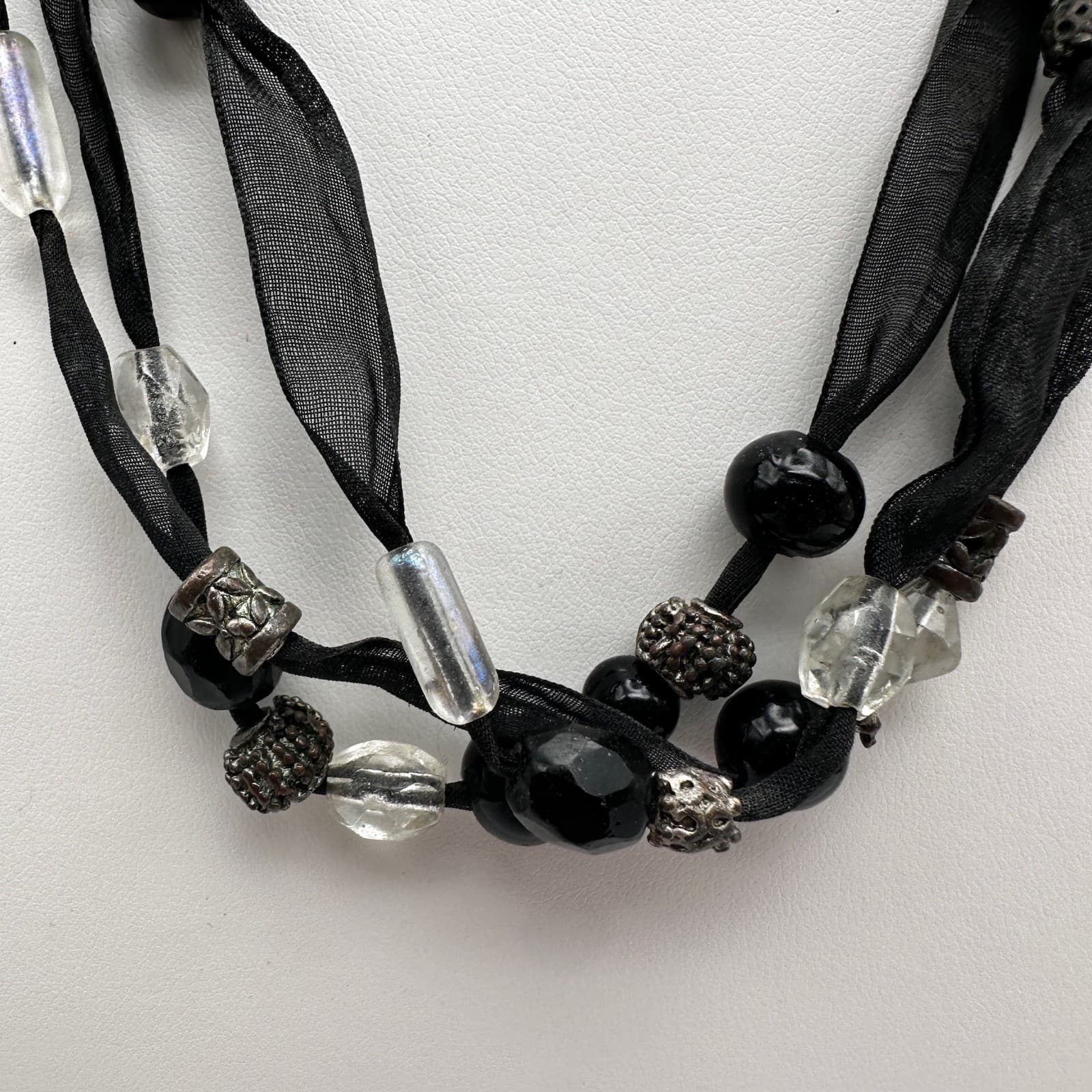 Vintage 90s Multi-Strand Black Ribbon Necklace Glass Beads Metal Womens Jewelry - Thumbnail 13
