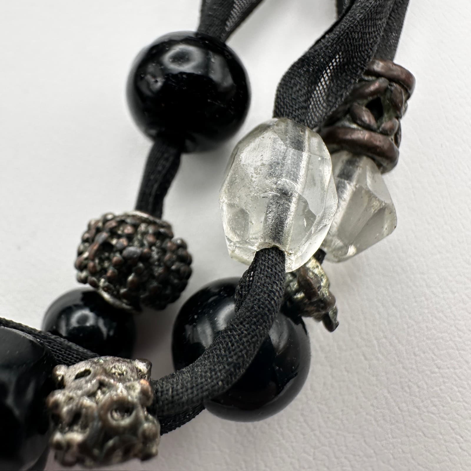 Vintage 90s Multi-Strand Black Ribbon Necklace Glass Beads Metal Womens Jewelry - Thumbnail 11