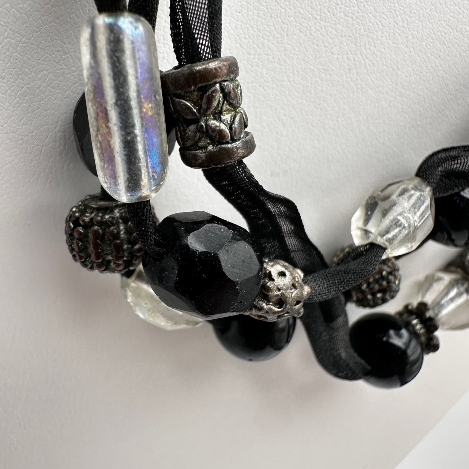 Vintage 90s Multi-Strand Black Ribbon Necklace Glass Beads Metal Womens Jewelry - Thumbnail 6