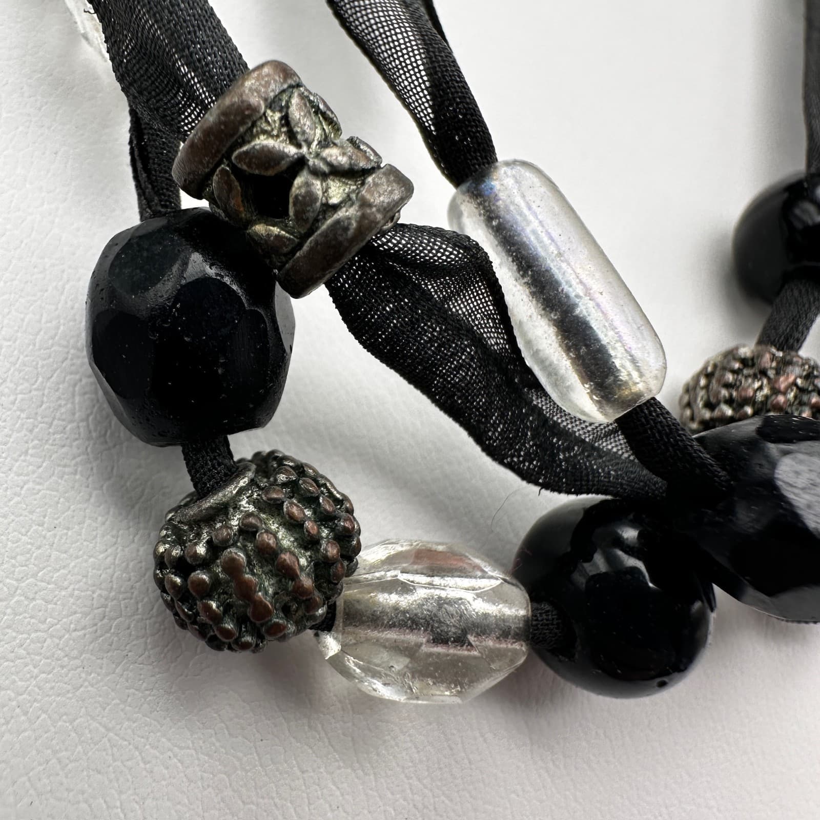 Vintage 90s Multi-Strand Black Ribbon Necklace Glass Beads Metal Womens Jewelry - Thumbnail 9
