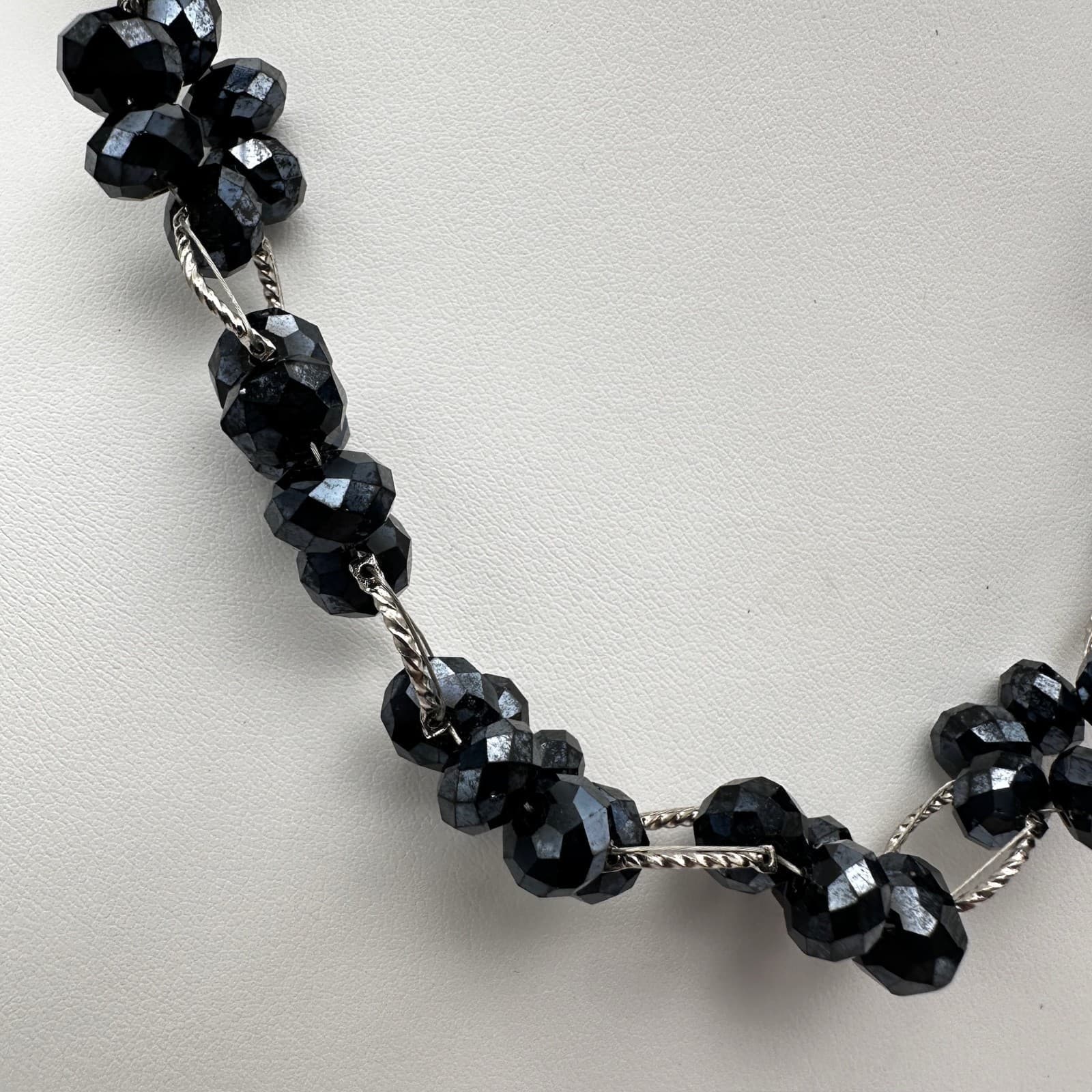 Vintage 90s Black Floral Beaded Necklace Cluster Silver Tone Women's Jewelry - Thumbnail 3
