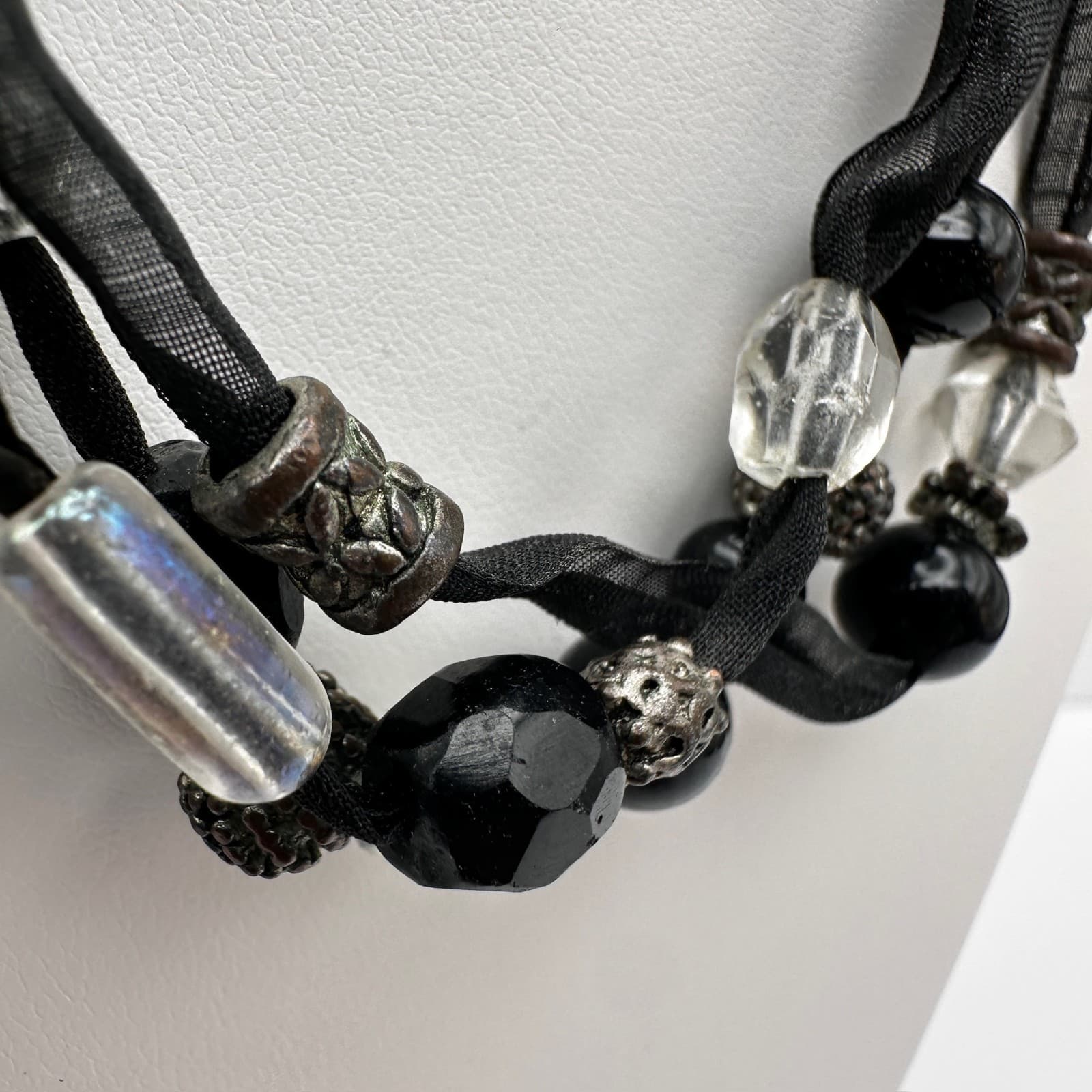 Vintage 90s Multi-Strand Black Ribbon Necklace Glass Beads Metal Womens Jewelry - Thumbnail 5