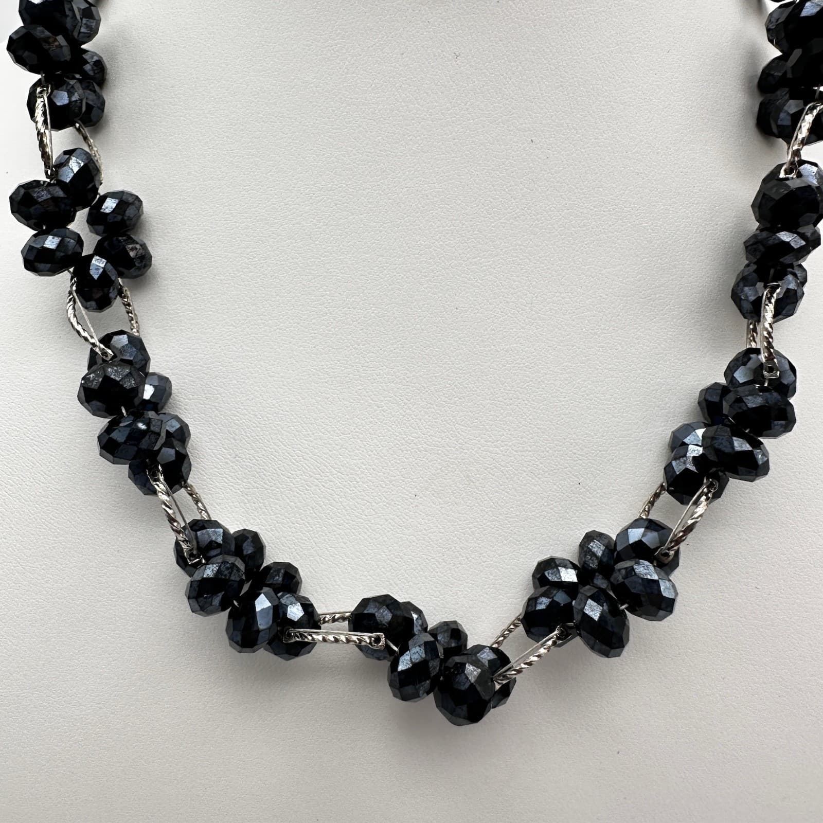 Vintage 90s Black Floral Beaded Necklace Cluster Silver Tone Women's Jewelry - Thumbnail 2