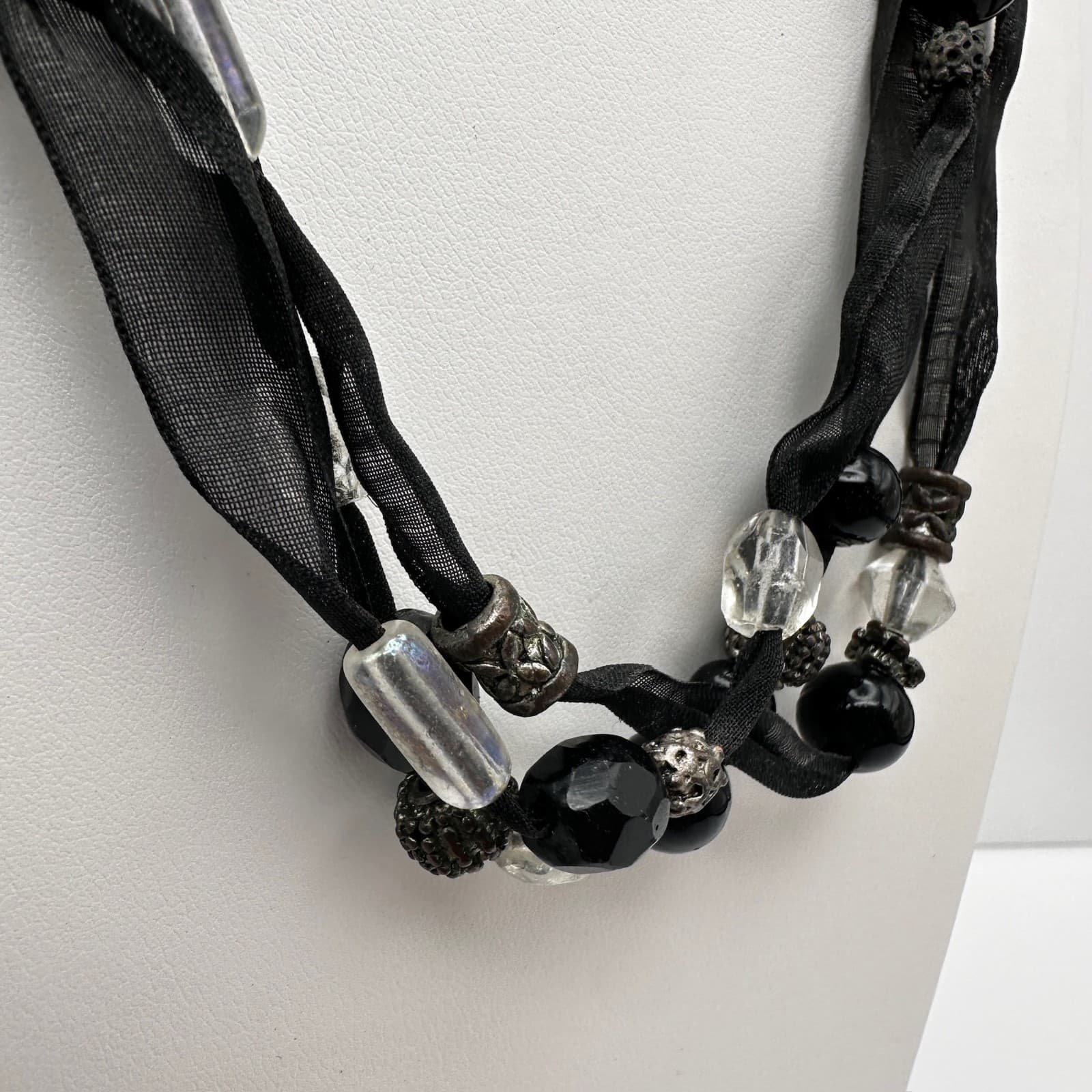 Vintage 90s Multi-Strand Black Ribbon Necklace Glass Beads Metal Womens Jewelry - Thumbnail 4