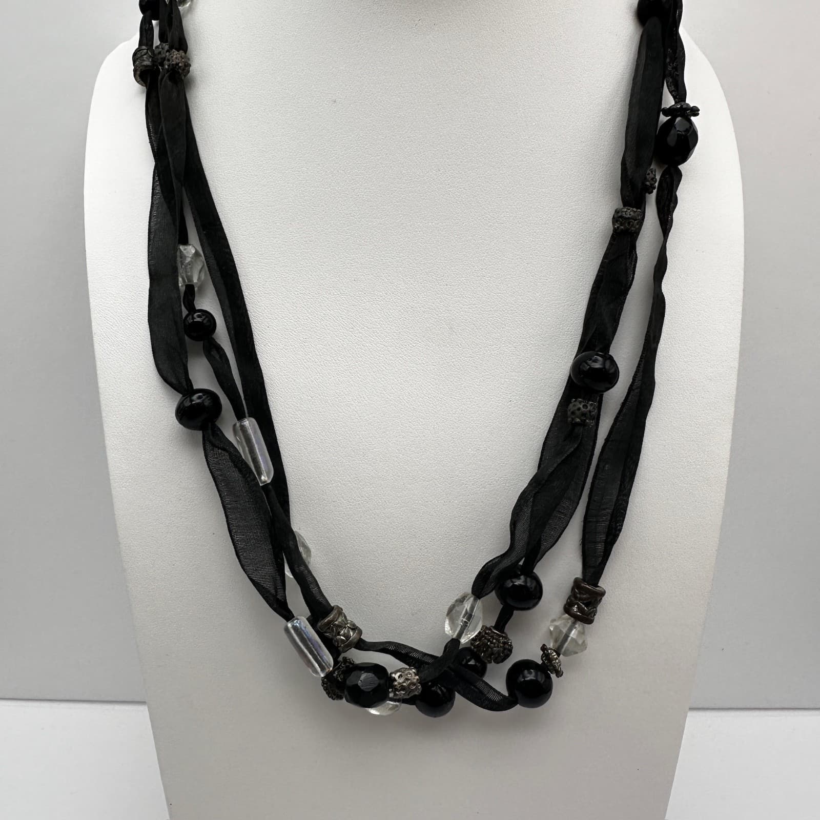 Vintage 90s Multi-Strand Black Ribbon Necklace Glass Beads Metal Womens Jewelry - Thumbnail 2