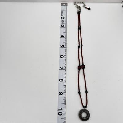 Vintage 90s Brown Amber Glass Bead Necklace Silver Tone Filigree Circle Pendant - Thumbnail 8