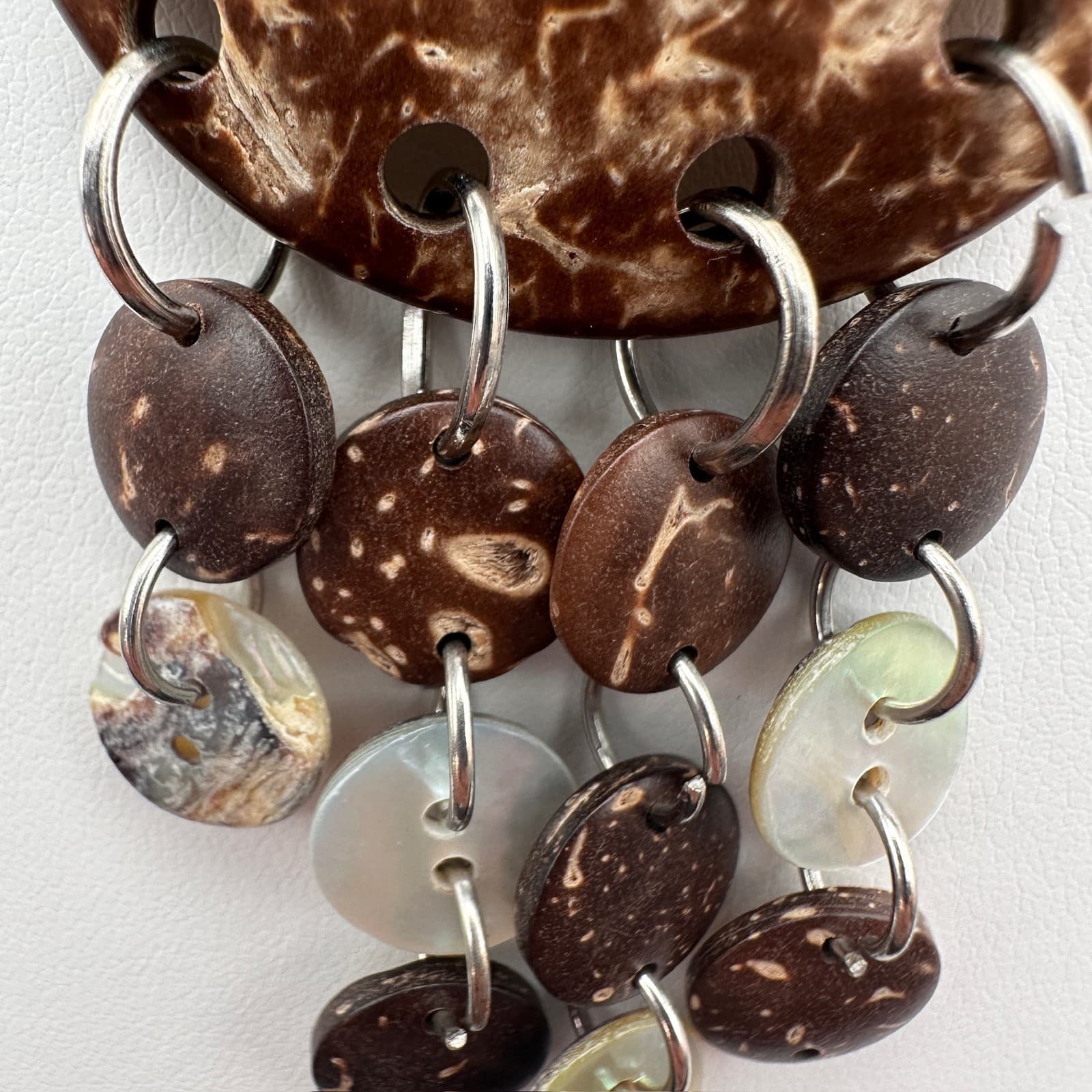 Vintage 90s Coconut Shell Mother Of Pearl Necklace Brown Suede Cord Bib Women's - Thumbnail 9