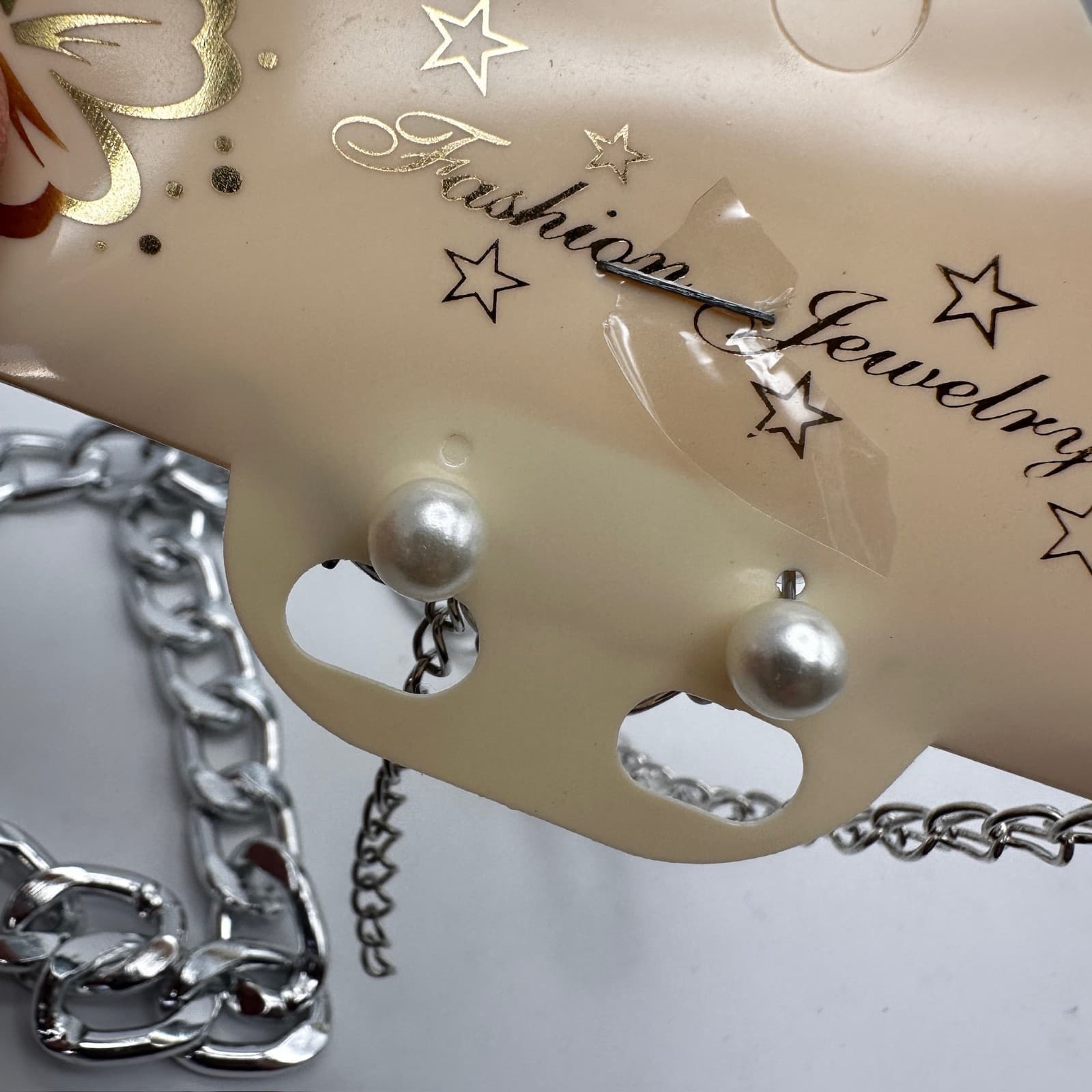 Vintage 90s Silver Tone Double Layer Curb Chain Necklace & Pearl Earrings Set - Thumbnail 8